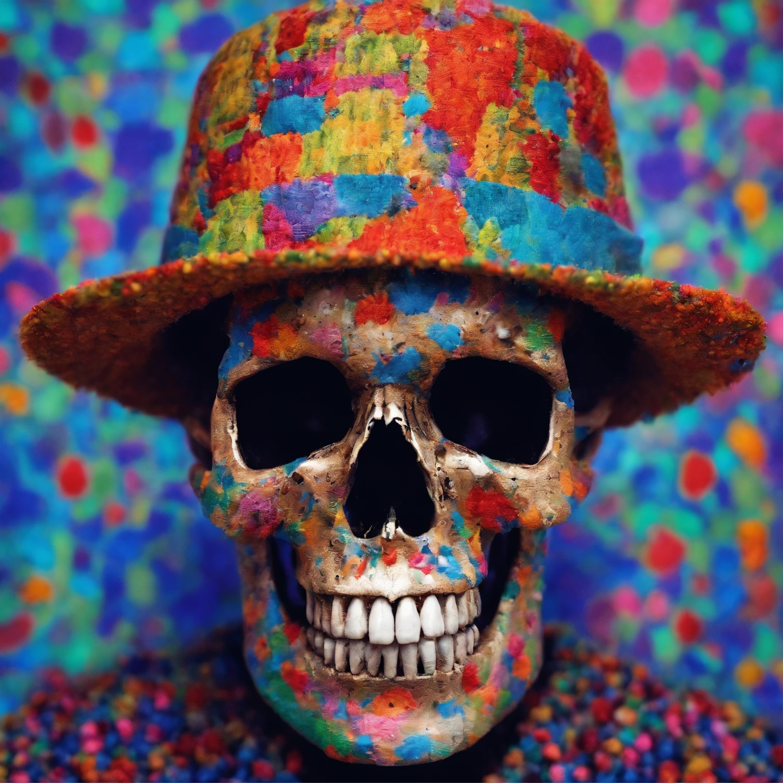 (Close-up of skull wearing colorful tweed hat and blue painting),Artistically,Caricature,a whimsical illustration,pastel art,Rock art,Exaggeration, rolling waves,Cartoon,anime big breast,kawaii,Feather work, --AR 3:4 --V 5.2 - Style original - glass