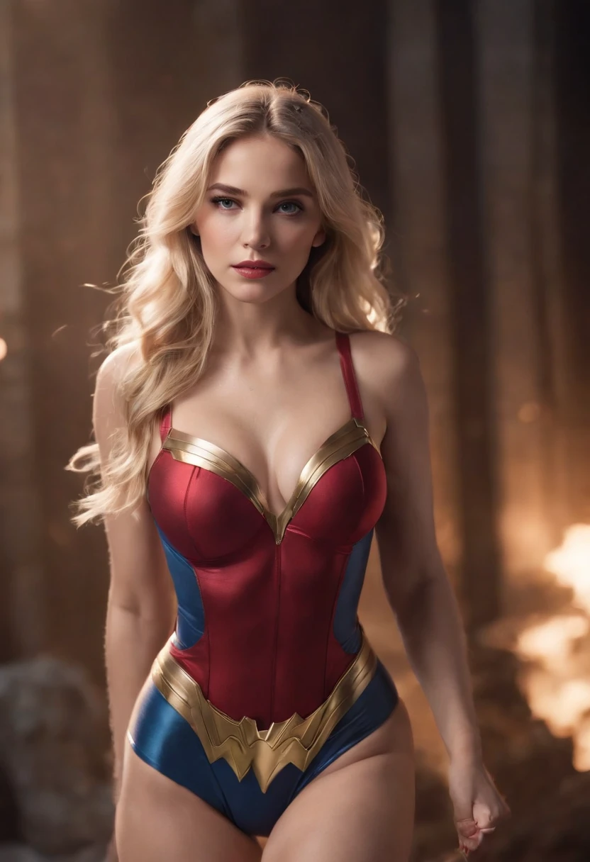 "(best quality, 8k, highres:1.2), ultra-detailed, realistic:1.37, soft lighting, superhero girl with long blonde hair flowing in the wind, 18 years old, large chest, full body shot, wearing (lingerie superhero suit), extremely detailed, ArtStation style, sharp focus, (underboob), strapless bra, bra falling off, exposed breasts, torn bodysuit, (destroyed superhero suit), collapsed pose, fallen on the floor"
