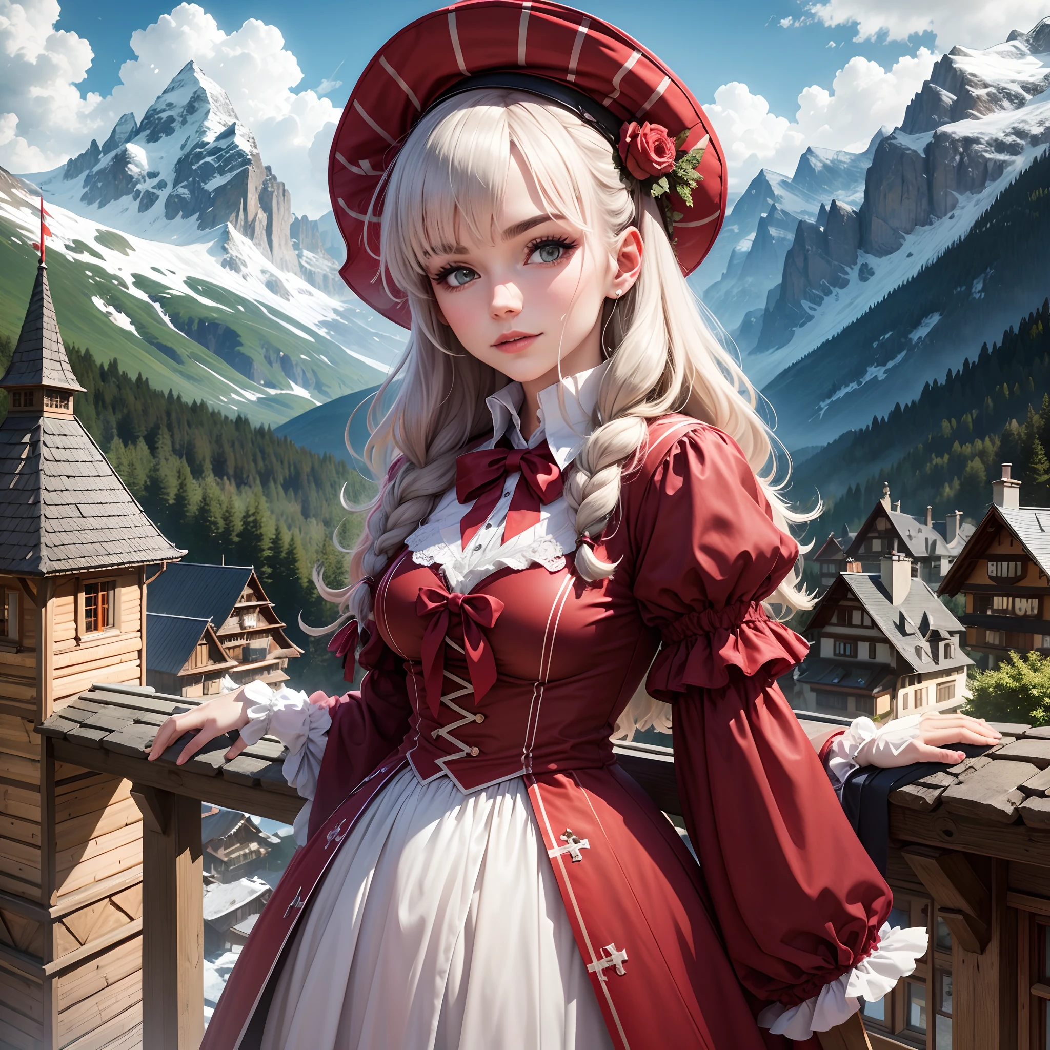 A Swiss woman living in the Alps dressed in character in front of her mansion --auto --s2