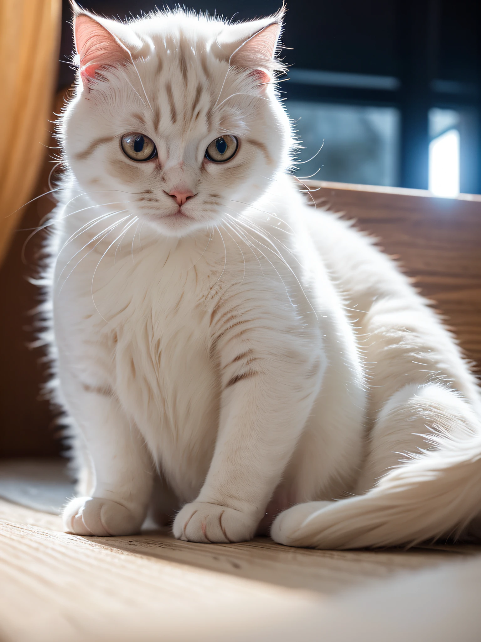 there is a cat that is laying down on a table, beautiful white glowing eyes, with glowing yellow eyes, beautiful glowing eyes, Bright glowing eyes like LEDs, Glowing orange eyes, bright glowing eyes, white glowing eyes, beautiful light big eyes, with glowing eyes, very glowing eyes, exotic shorthair cat, White cat, with red glowing eyes,8K