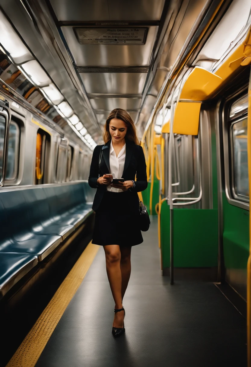 A beautiful female white-collar worker，Look at your phone with headphones on the subway