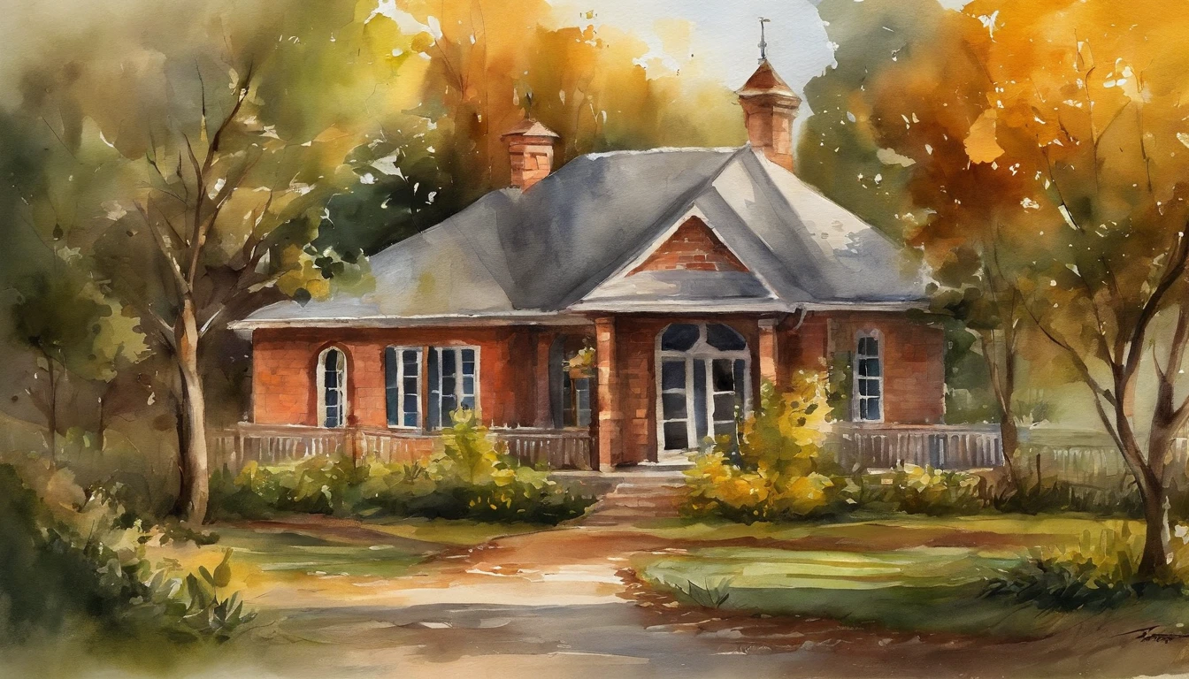 Former residential area,Red brick building,Large banyan tree,Clean the pavement,leaves falling,autumnal,Early in the morning,Light yellow tones,super-fine,Carefully drawn,high quarity,8K,