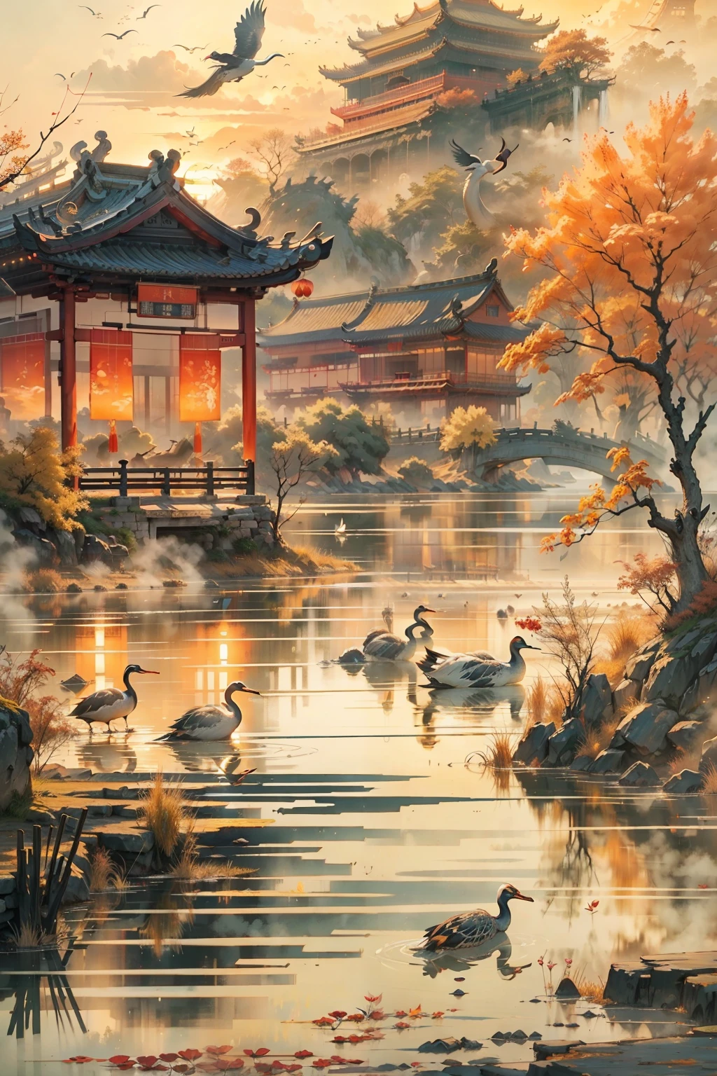 China ink painting,ink,The sunset and the solitary crane fly together,The autumn water is the same for a long time,The beauty of ancient poetry,the setting sun,Wild geese in the sky in the distance,Ancient buildings are scattered