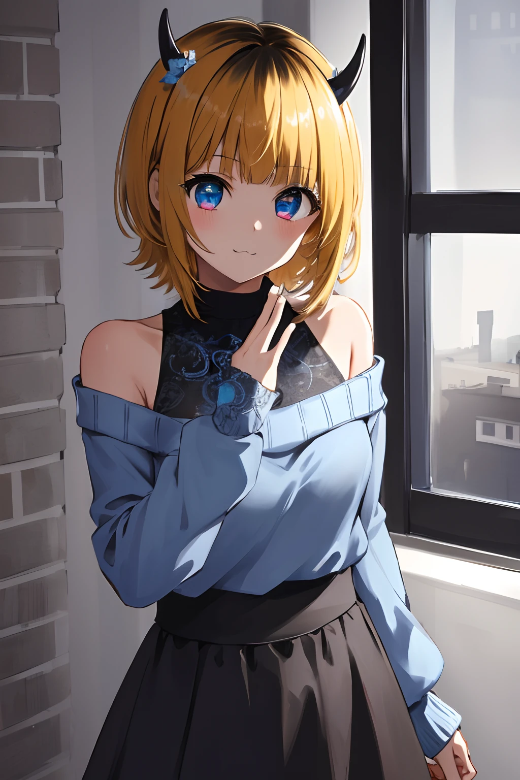 1girl in, MEMcho, Blonde hair, Blue eyes, Blunt bangs, Demon Horns, fake horns, Horns, Short hair,
BREAK bare shoulders, Black skirt, (Blue sweater:1.5), Long sleeves, off shoulders, off-the-shoulder sweater, Puffy sleeves, Skirt, Sweaters, White ribbon, Standing,
Blake House, windows, drapes, houseplant,
BREAK looking at viewer,
BREAK (masutepiece:1.2), Best Quality, High resolution, Unity 8k壁纸, (Illustration:0.8), (Beautiful detailed eyes:1.6), extra detailed face, Perfect Lighting, extremely details CG, (Perfect hands, Perfect Anatomy)