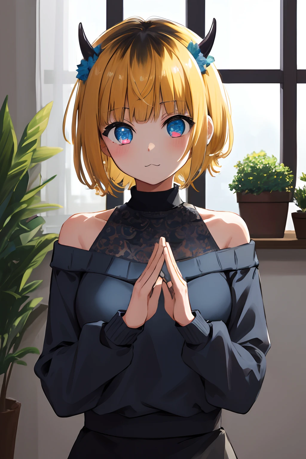 1girl in, MEMcho, Blonde hair, Blue eyes, Blunt bangs, Demon Horns, fake horns, Horns, Short hair,
BREAK bare shoulders, Black skirt, (Blue sweater:1.5), Long sleeves, off shoulders, off-the-shoulder sweater, Puffy sleeves, Skirt, Sweaters, White ribbon, Standing,
Blake House, windows, drapes, houseplant,
BREAK looking at viewer,
BREAK (masutepiece:1.2), Best Quality, High resolution, Unity 8k壁纸, (Illustration:0.8), (Beautiful detailed eyes:1.6), extra detailed face, Perfect Lighting, extremely details CG, (Perfect hands, Perfect Anatomy)