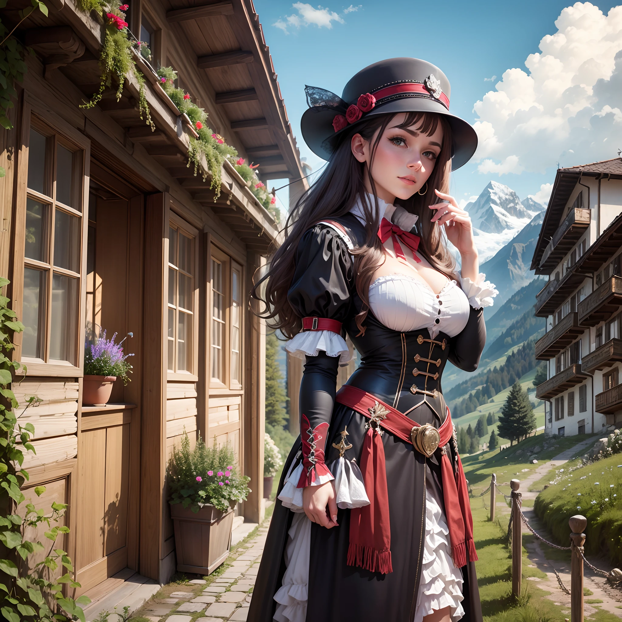 A Swiss woman living in the Alps dressed in character in front of her mansion --auto --s2