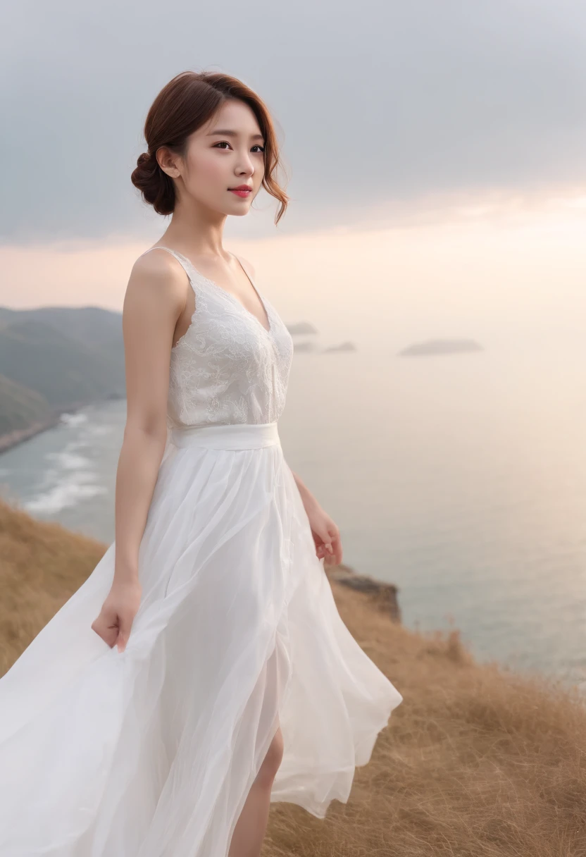 (8K、RAW photography、top-quality、tmasterpiece:1.2)、(hentail realism、Photorealsitic:1.37)、ultra - detailed、超A high resolution、1 rapariga、see the beholder、beautifull detailed face、A smile、shrinks、(Slim waist) :1.3)、The shirt、beautiful detailed skin、Skin texture、floated hair、profesional lighting、Short Bob Hair、Wearing a white dress。standing on a hill,Admire the sea view、,(Do not show your chest)