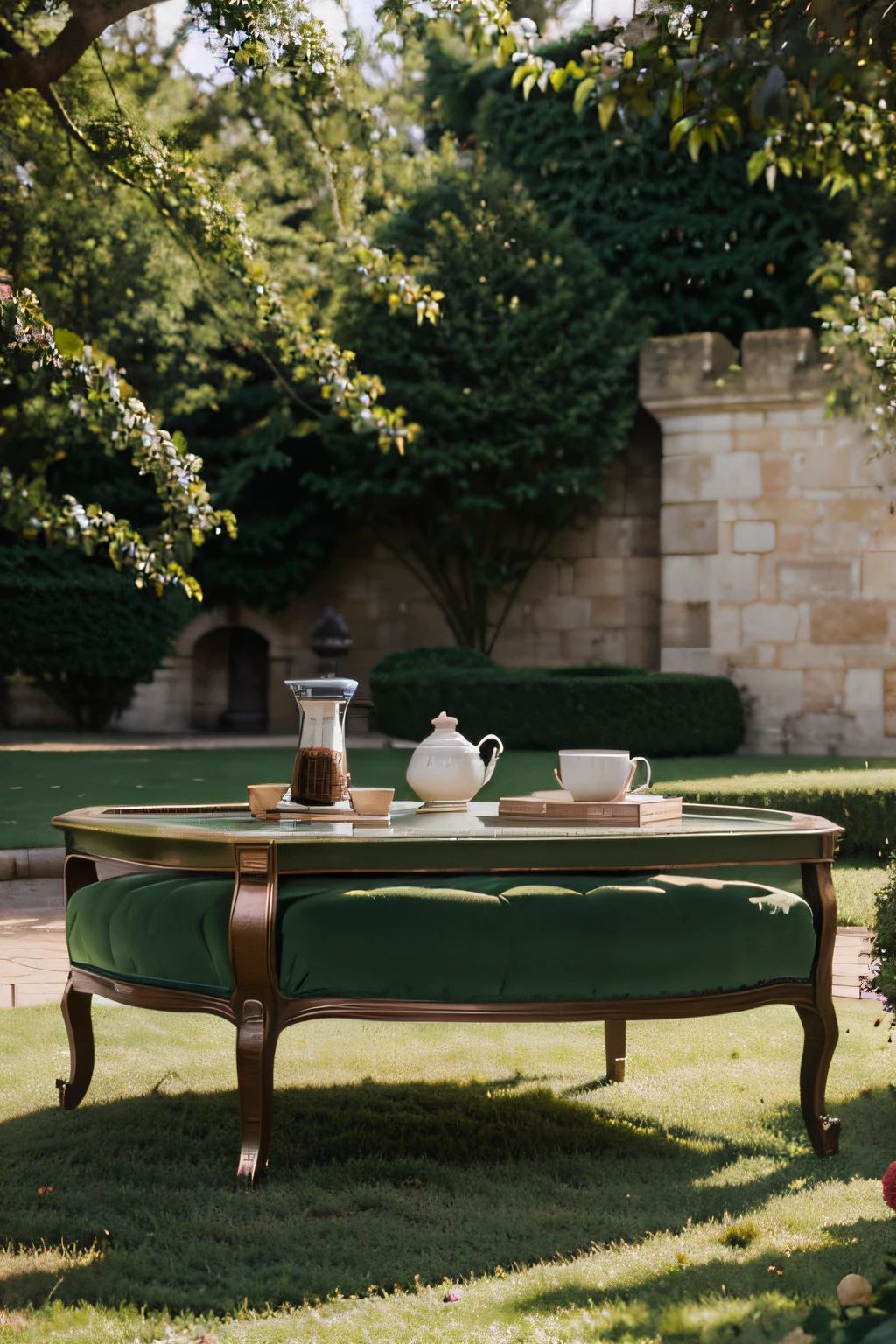 Vintage green and rose gold coffee table in the afternoon in the castle garden