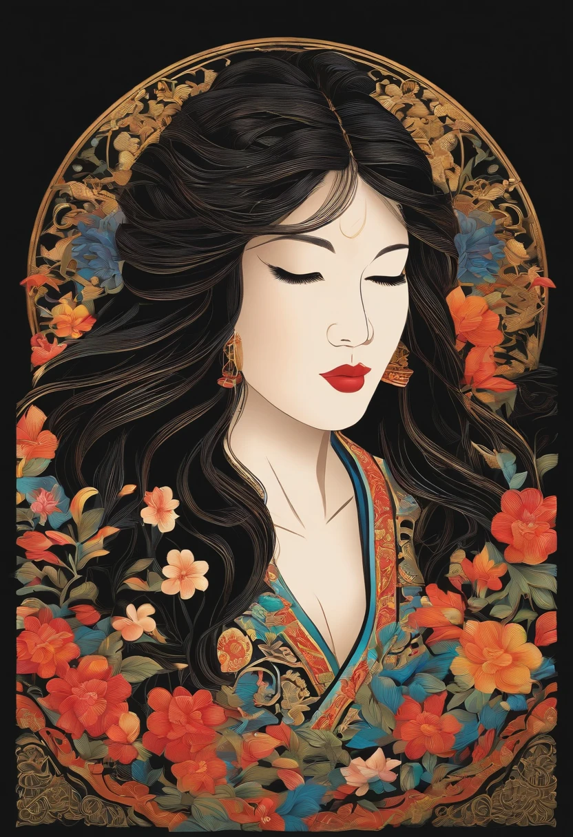 (black background:1.4),(Silhouette of a girl's head, Eyes closed, colorful long hair, Oriental elements)，(Chinese illustration:1.3，paper art:1.3, Quilted paper art:1.2),( reasonable design, Clear lines, High sharpness, (Best quality:1.4), Very detailed, Masterpiece, movie light effect, 4K )
