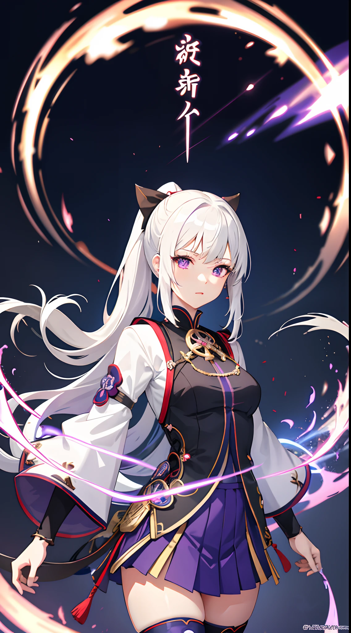 1girl, japanese clothes, ponytail ,white hair, purple eyes, magic circle, blue fire, blue flames, wallpaper, landscape, blood, blood splatter, depth of field, night, light particles, light rays, sidelighting, thighs, fate \(series\), genshin impact, ****, open jacket, skirt, thighhighs, cloud