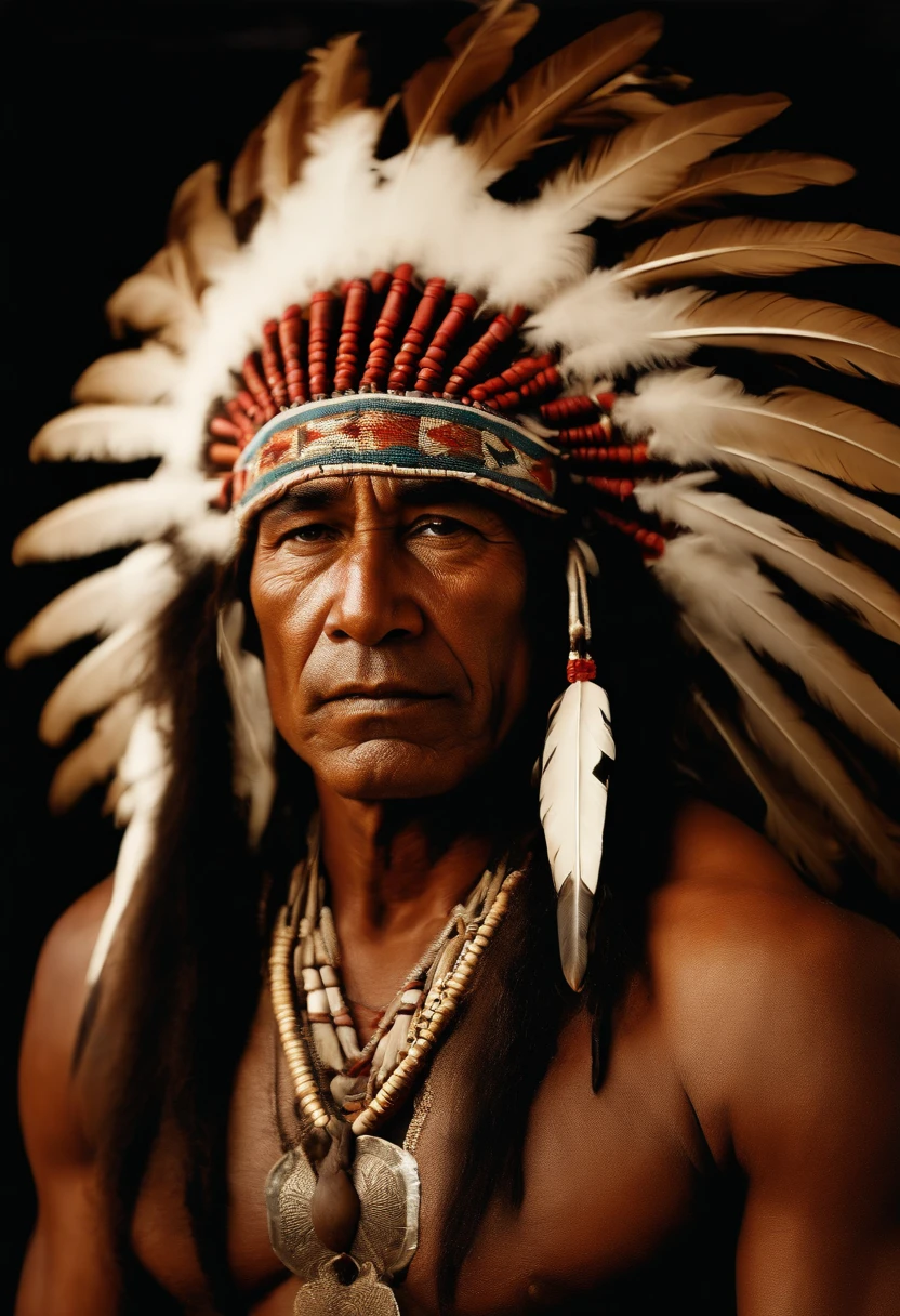 Hyperrealistic cinematic image of a native Indian with feathers on his head, Arte nativa americana, Indian warrior, Nativo americano, Guerreiro nativo americano, Arte nativa, Um guerreiro nativo americano, indigenous man, eagle feather, Guerreiro habilidoso do Apache, warrior spirit, american indian headdress, indigenous art, : native american shamen fantasy, Indigenous, native american folk art, Fotografia de arte indianarrealista, fotografia, obra-prima, realista, Realismo, renderizado, Alto contraste, digital art photographyrealistic trend in Artstation 8k HD high definition detailed realistic,  detalhado, textura da pele, hiper detalhado, textura de pele realista, armadura, melhor qualidade, ultra high-resolution, (fotografiarrealista: 1.4), alta resolução, detalhado, Calado bruto, sharp re, por lee jeffries Nikon D850 Filme Fotografia de Stock 4 Kodak Portra 400 Lente F1.6 Rich Colors Realistic Texture Dramatic Texture Dramatic Lighting Irrealengine Trend on Artstation Cinestill 800