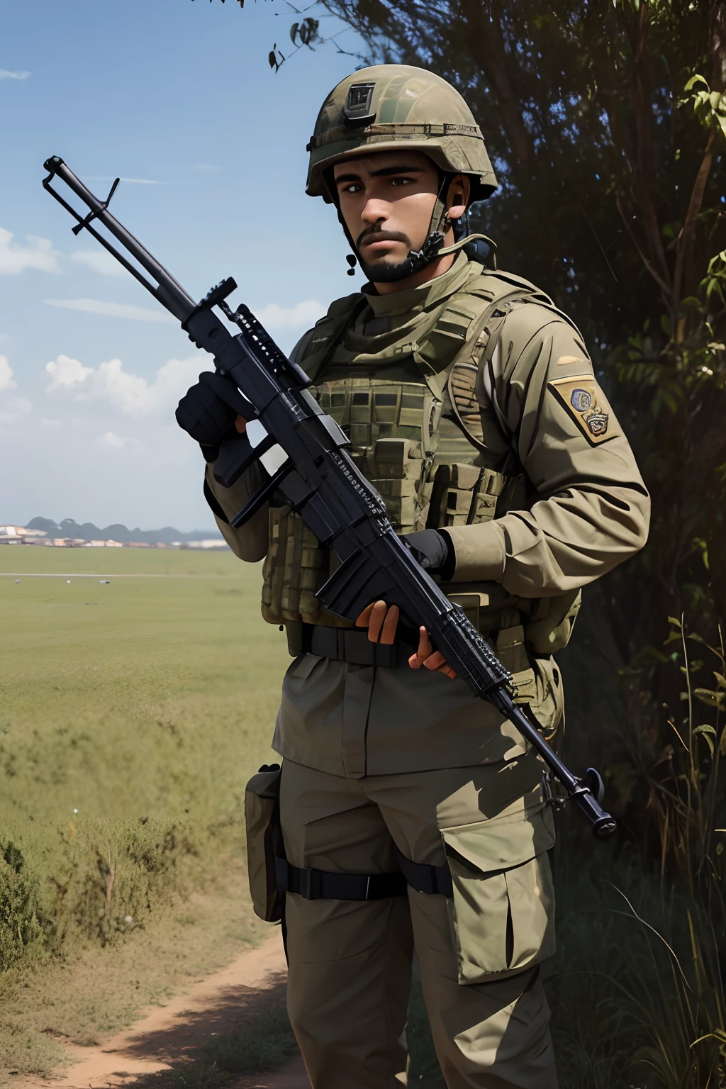 arte de um soldado segurando arma com fundo de guerra