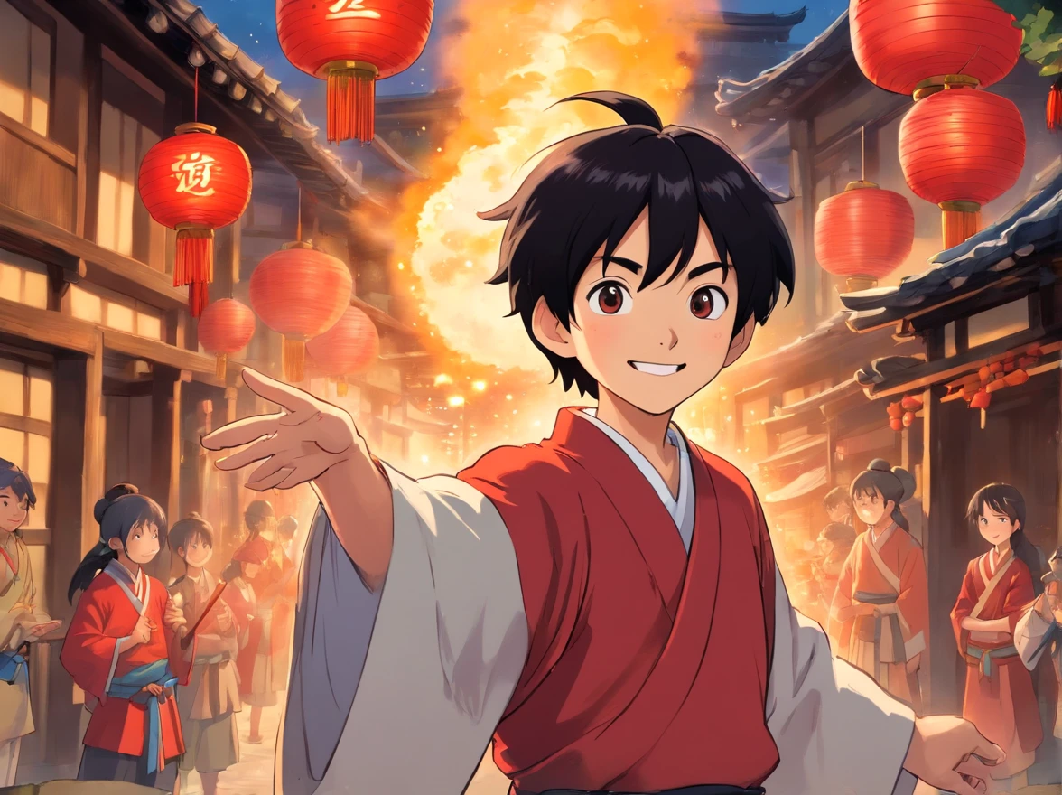 A 15-year-old boy of the Zhuang tribe with black hair stood in the village,Wearing red Zhuang costumes。Red firecrackers in hand。High quality smile, Clear focus (mess - house: 0.8), (tmasterpiece: 1.2) (realisticlying: 1.2) (Bokeh) (best qualityer) (Detailed skins: 1.3) (intricately details) (8K) (eye detailed) (foco nítido), (having fun) (a variety of poses) desenho
