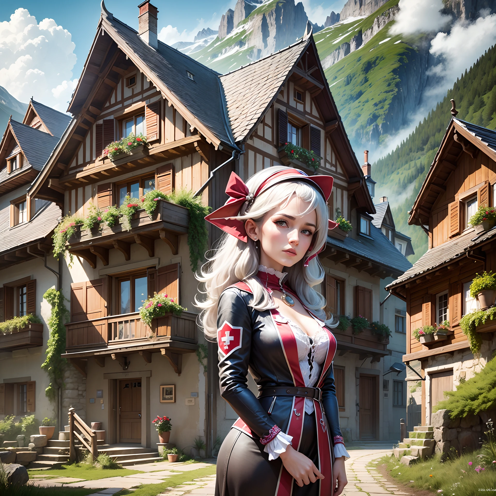 A Swiss woman living in the Alps dressed in character in front of her mansion --auto --s2