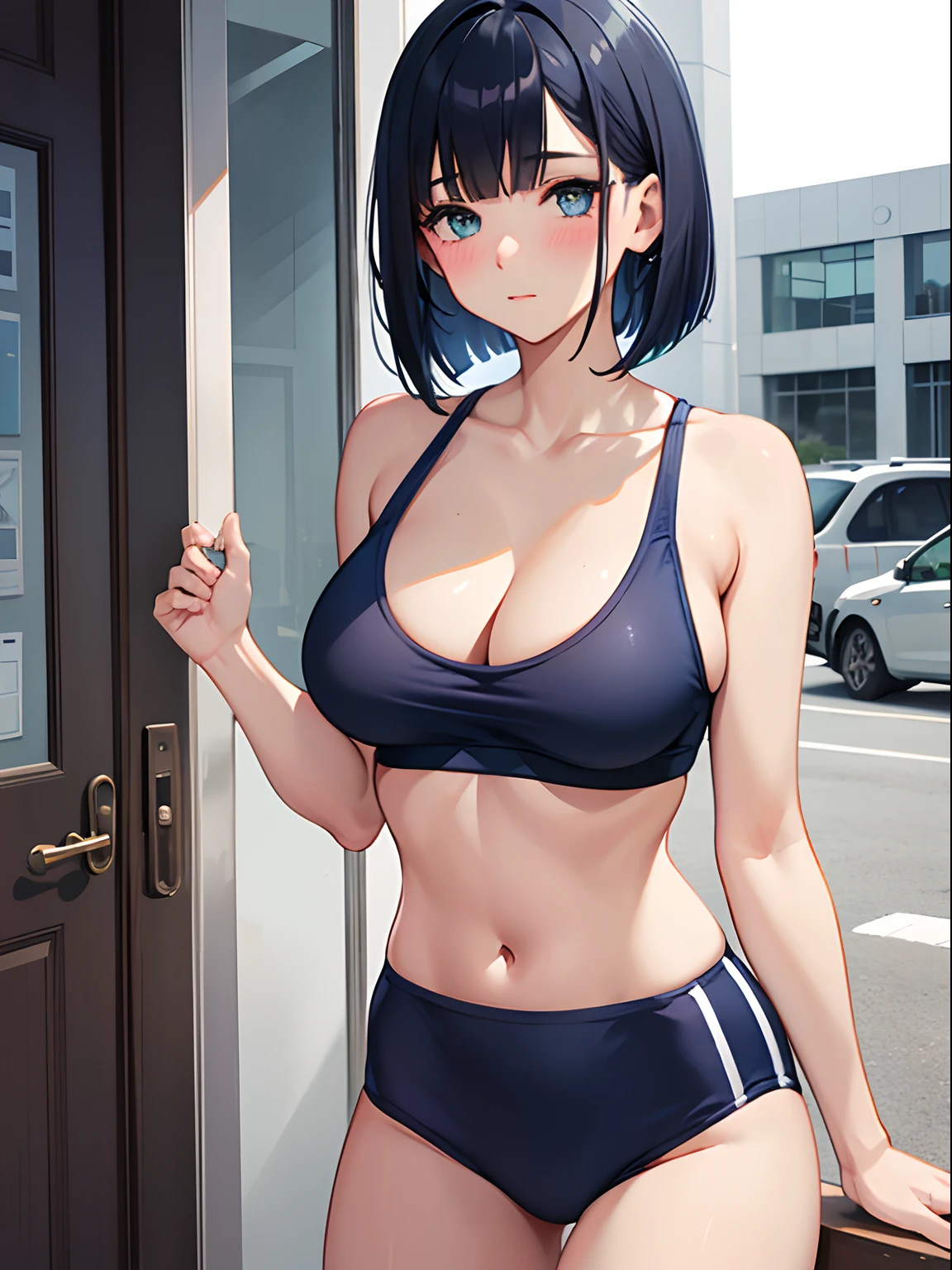 1girl in,Navy blue bob hair,Navy green eyes,Cute,blush,girlfriend,medium breasts, gym clothes