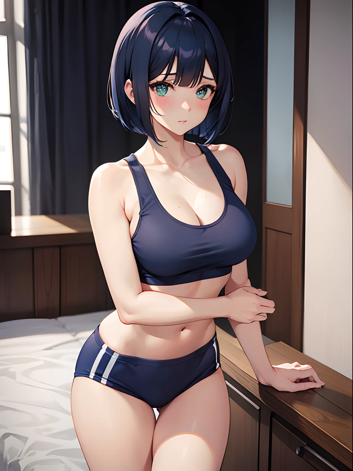 1girl in,Navy blue bob hair,Navy green eyes,Cute,blush,girlfriend,medium breasts, gym clothes