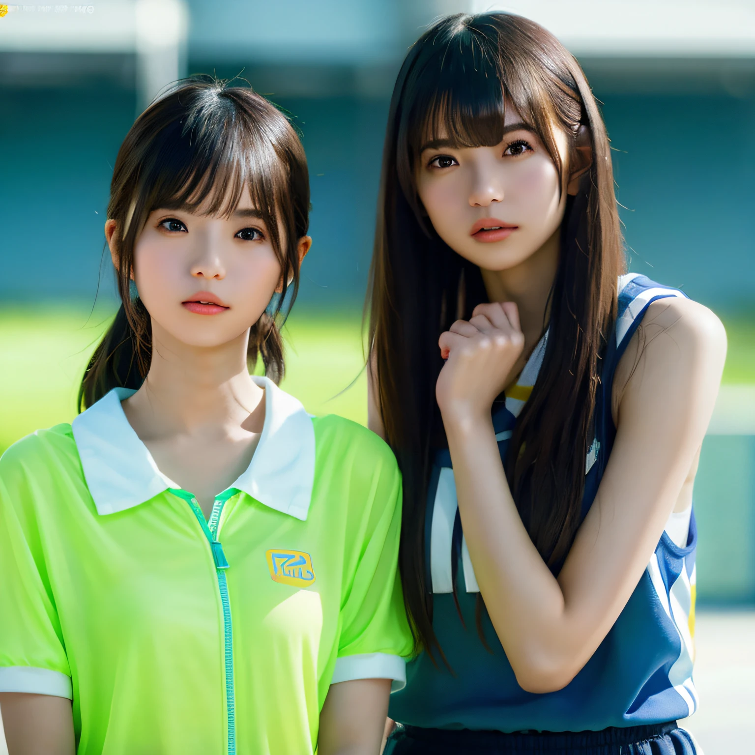 masterpiece, best quality, illustration, Super detailed, fine details, High resolution, 8K,wall paper, perfect dynamic composition,(Details High quality, realistic depiction of eyes:1.3), (3 girls), BREAK (cheerleader uniform with yellow as basic color:1.3), (holding a yellow pompoms in hand:1.4), (sleeveless yellow tunic with baseball team logo:1.4), yellow tops, (bold V-neck:1.3), ((Blue lines, black lines) on tops:1.3), ((fit and flare, A-line):1.3), (A-line yellow rah-rah skirt:1.3), mini skirt, (black socks:1.3), (sports shoes:1.2), sitting, open legs, short bob hair, in a hotel room in the background, deep on field, large breasts, black hair color, Big Natural Color Lip, (perfect body shape), crying a little、Harajuku style、20 year old girl、cute type、beautiful legs, Gravure Idol