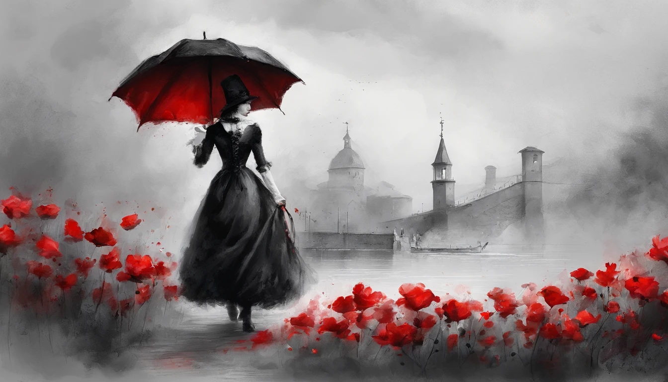 Maid in black and white Gothic maid costume is walking down the street,She was surrounded by a sea of red flowers,She held an umbrella,Backshadow,Indicates visual impact,It's a person々to feel hopeless and lonely,The sky was filled with gray mist,
