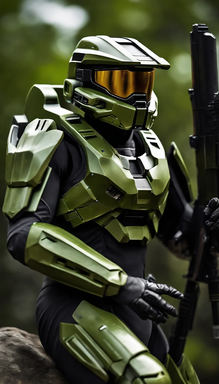 (A high resolution,Ultra-detailed,Realistic:1.37),(Best quality,4K,8K,Masterpiece:1.2),hdr,professional,Stunning,Vivid colors,Bokeh,Sharp focus,Physically-based rendering,Portrait of a Master Chief 117 game "Halo" Armed with an assult rifle, Stand on an unknown planet. He wears a futuristic high-tech green armor，It's full of intricate details。. The armor reflects the light beautifully, Create vibrant colors and captivating bokeh effects. The level of detail of the armor is extraordinary, Every little element is meticulously crafted. The Master Chief's face is a cute ginger girl that is 18 yo and she has some small freckles, Add a touch of mystery. The armor is combat wear, Shows signs of previous conflicts. The surroundings are vast and surreal, With towering alien buildings and magnificent skies full of distant stars. The atmosphere is full of anticipation, It was as if an epic battle was about to unfold. Master Chief is tall and confident, Be prepared to face any challenge he encounters. This portrait captures the essence of the game "Halo" and the iconic role of Master Chief 117，Presented in a realistic and stunning way.