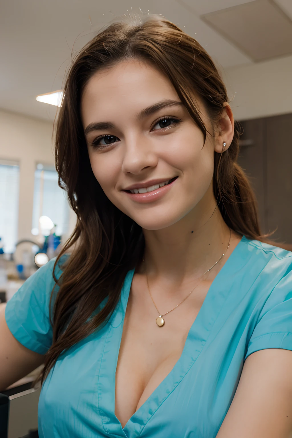 a single beautiful female veterinary technician, smiling