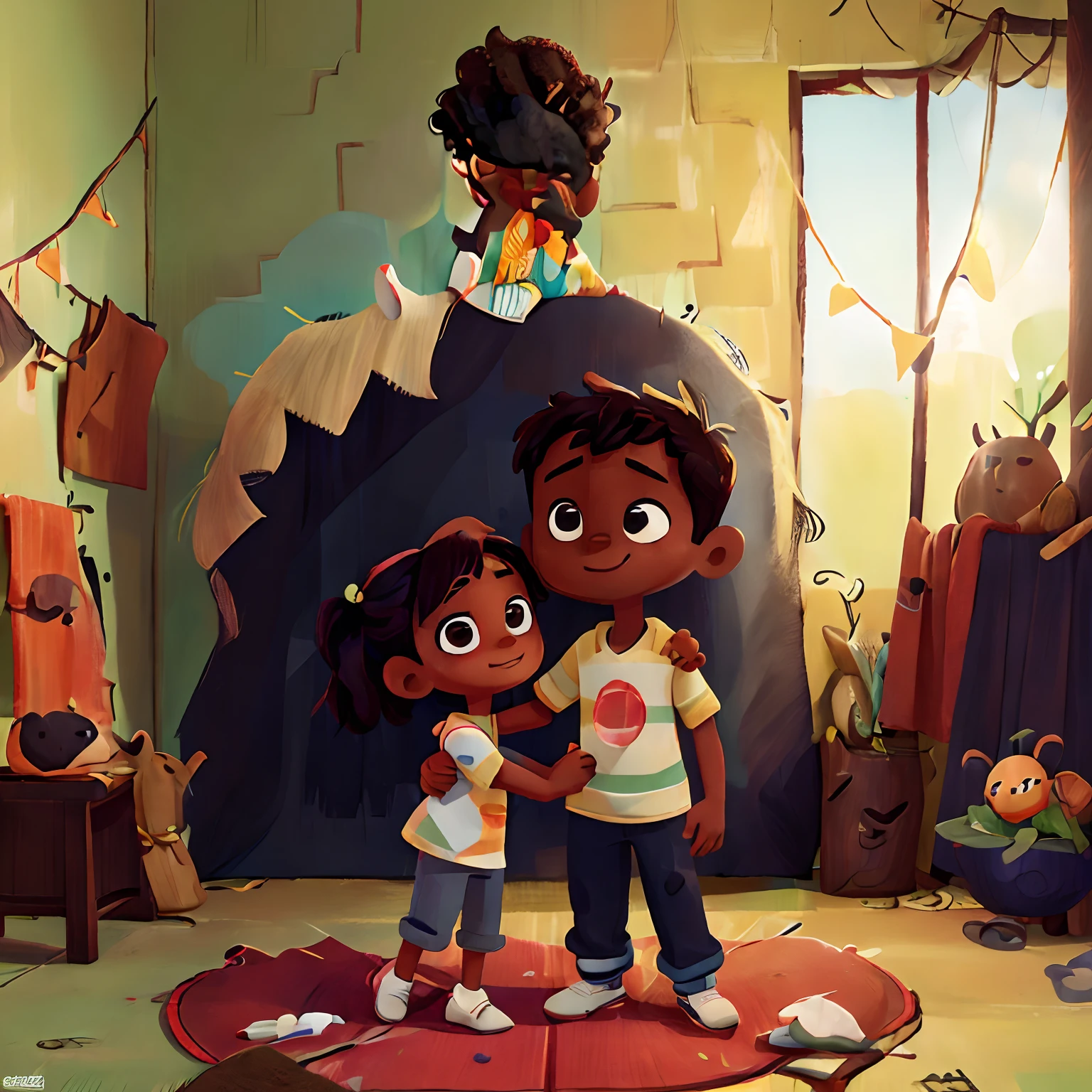 ((Casal adulto)), pele escura, sentados na cama, Hugging a black boy, emocionam