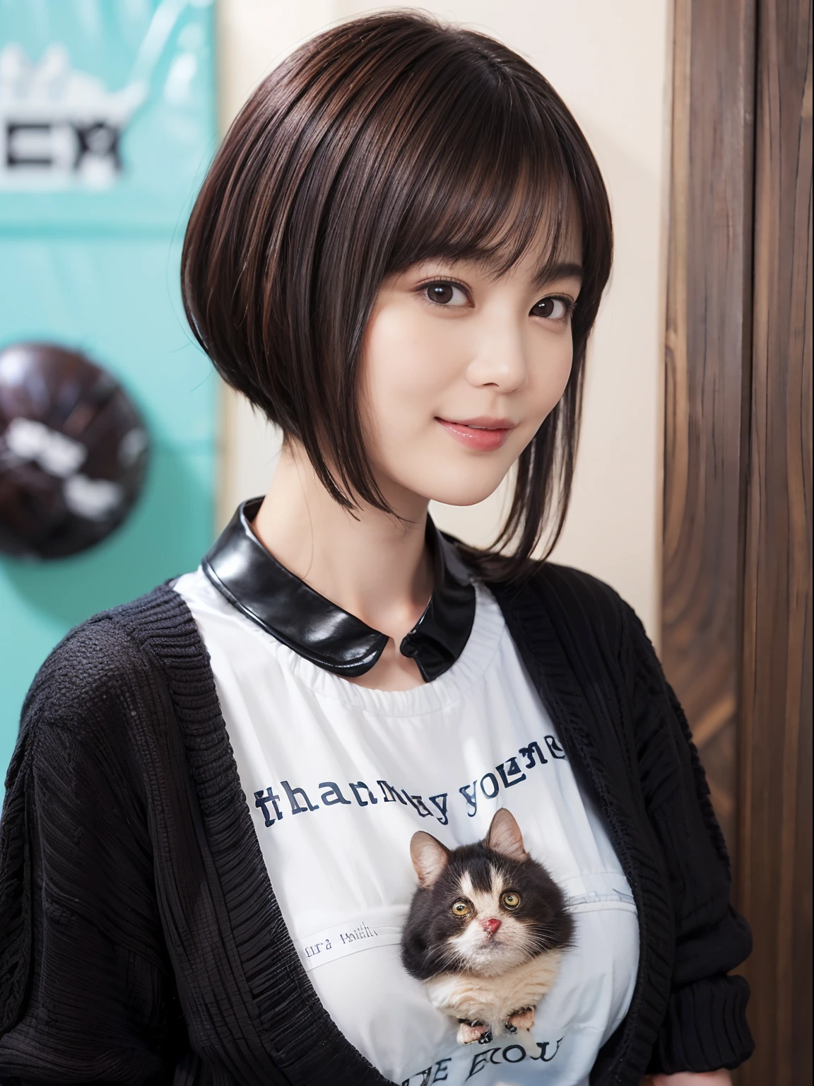 59
(a 20 yo woman,is standing), (A hyper-realistic), (masutepiece), ((A dark-haired、short-hair:1.3)), (Breast), kindly smile, (Clothing printed with animal characters)