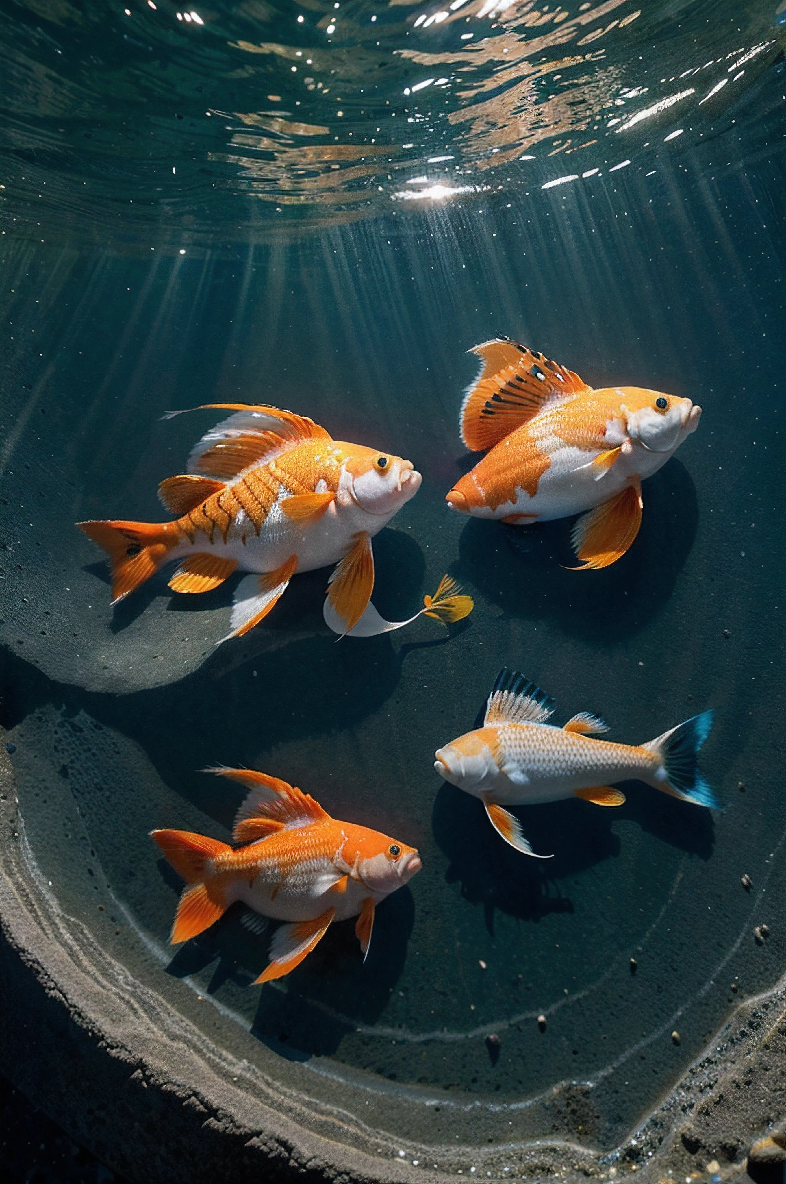 Obra maestra, La mejor calidad, alta calidad, a high definition, Textura de alta calidad, Sombra de alta calidad, High detail, finedetail, CG extremadamente detallado, Textura detallada,, De color , delicado, cinematiclight, Luz lateral, Two fish swim in circles in bubbles and clouds, Pez koi flotando en el espacio, El pescado, Piscis, Peces nadando, Pez dorado en el exoesqueleto de agua, Peces koi, Pez koi flotante, Peces koi, Peces nadando, peces nadando alrededor, Ves peces, Koi, Colores Koi, Hermosa obra de arte digital, Las estrellas son peces en las profundidades，Carpa en el cielo estrellado，Koi，El detalle，Un detallado