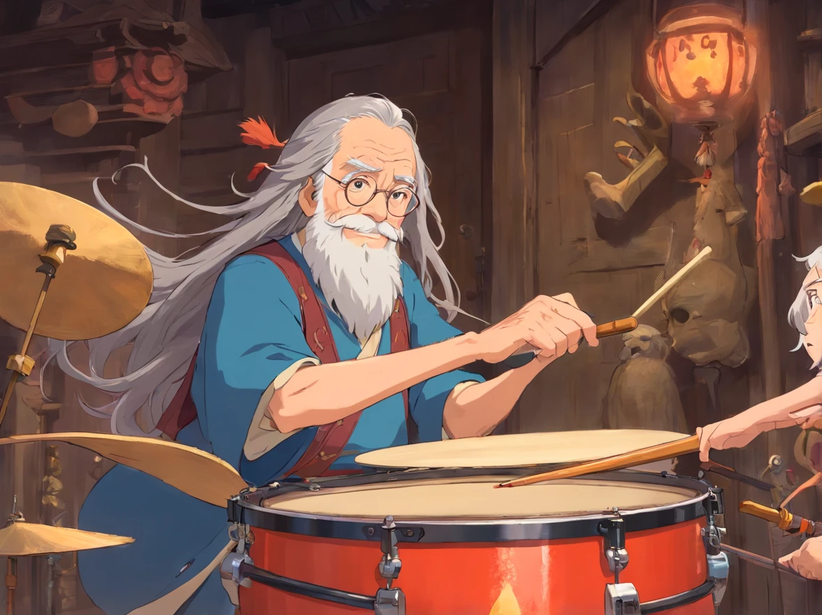 Long hair,Grandpa in period costume,Play drums with a stick,Scare away monsters