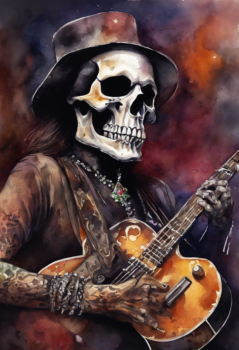 caveira,music,metal,high quality,8k,(metalhead:1.1),detailed skull,dark color tone,vivid colors,detailed guitar,concert lighting,music festival