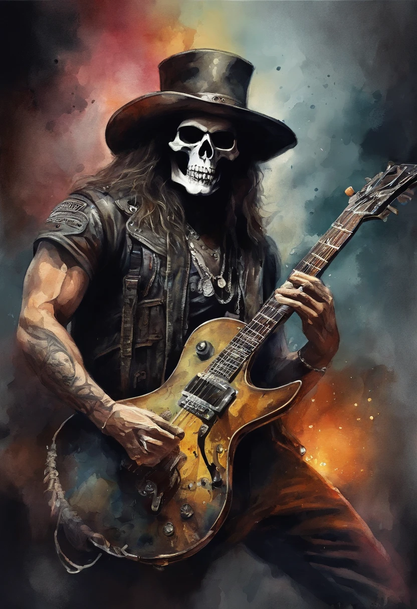 undead, skeleton with red hair, male, high fantasy, detailed, medieval fantasy, instrument, bard, necromancer, short punk hair, hands playing guitar, masterpiece, two hands, five fingers, less ribs, normal arms, 8k, high quality, white shirt