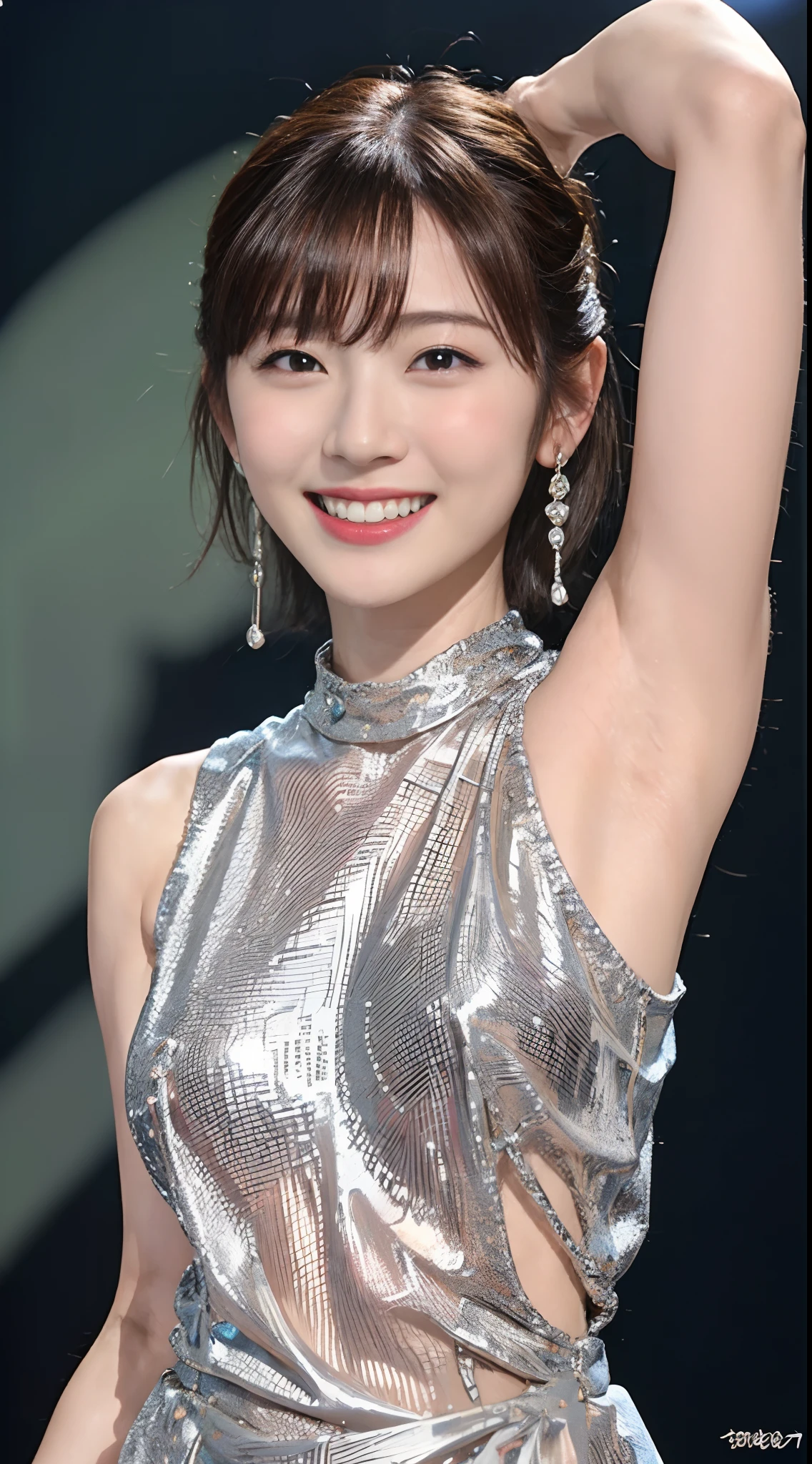top-quality、​masterpiece、超A high resolution、Smiling Korean Girl、very detailed and professional lighting、short cut hair、Tight sticky thin crop top、Sticky metallic color swimsuit、dynamic ungle、Show off your armpits to your audience、((Show off your armpits:1.1))、((Armpit:1.1))、upper body close - up