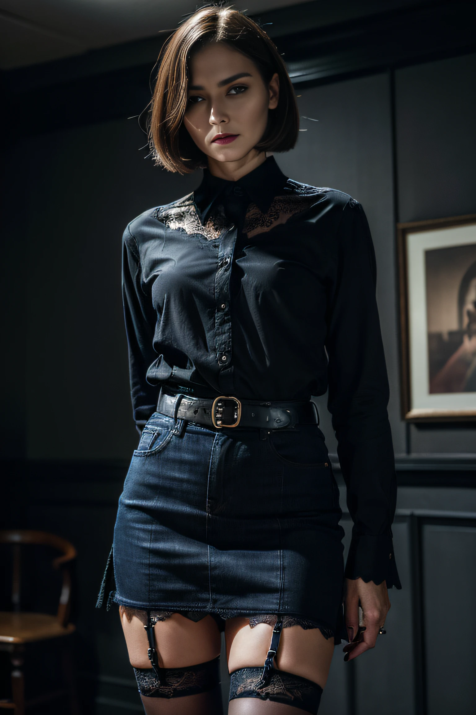(Best Quality,hight resolution:1.2),The woman,Expressive wrinkles,Bob haircut,jeans skirt,blouse,(dark lace stockings with garters), highheels,Detailed eyes and face,expression of despair,Dark and moody lighting,ominous vibe,desperation,trap, (Imminent Doom:1.2), Psychological thriller,(Sold as a commodity:1.3)