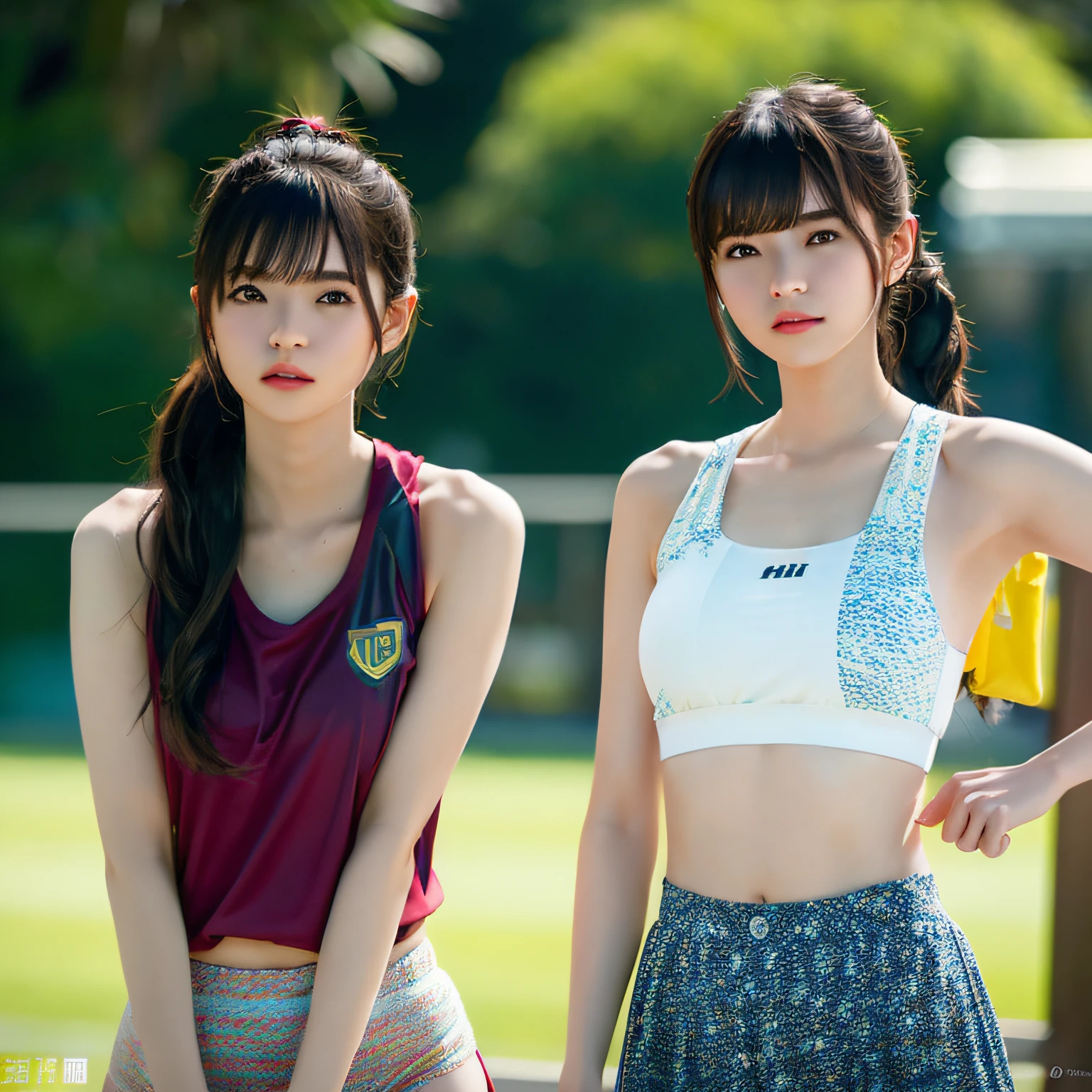 2 girls in、Beautiful mature college girl、Track attire、Outside Track Field、((Slimed、小柄))、Photorealsitic、a picture、​masterpiece、reallistic、真实感、photorealisim、High contrast、Artstation 8K HD Trending Photorealistic Digital Art HD High Definition Detailed Realistic、detaileds, Skin Texture, ultra-detailliert, realistic skin textures, armature, top-quality, 超A high resolution, (Photorealsitic:1.4),, hight resolution, detaileds, Raw photo, Sharp Re, Lee-Jeffries Nikon D850 Film Stock Photo 4 Kodak Portra 400 Camera F1.6 lenses Rich colors Hyper Realistic Vibrant textures Dramatic lighting Unreal Engine Trendy at ArtStation Cinestir 800,full body Esbian、Smaller chest、