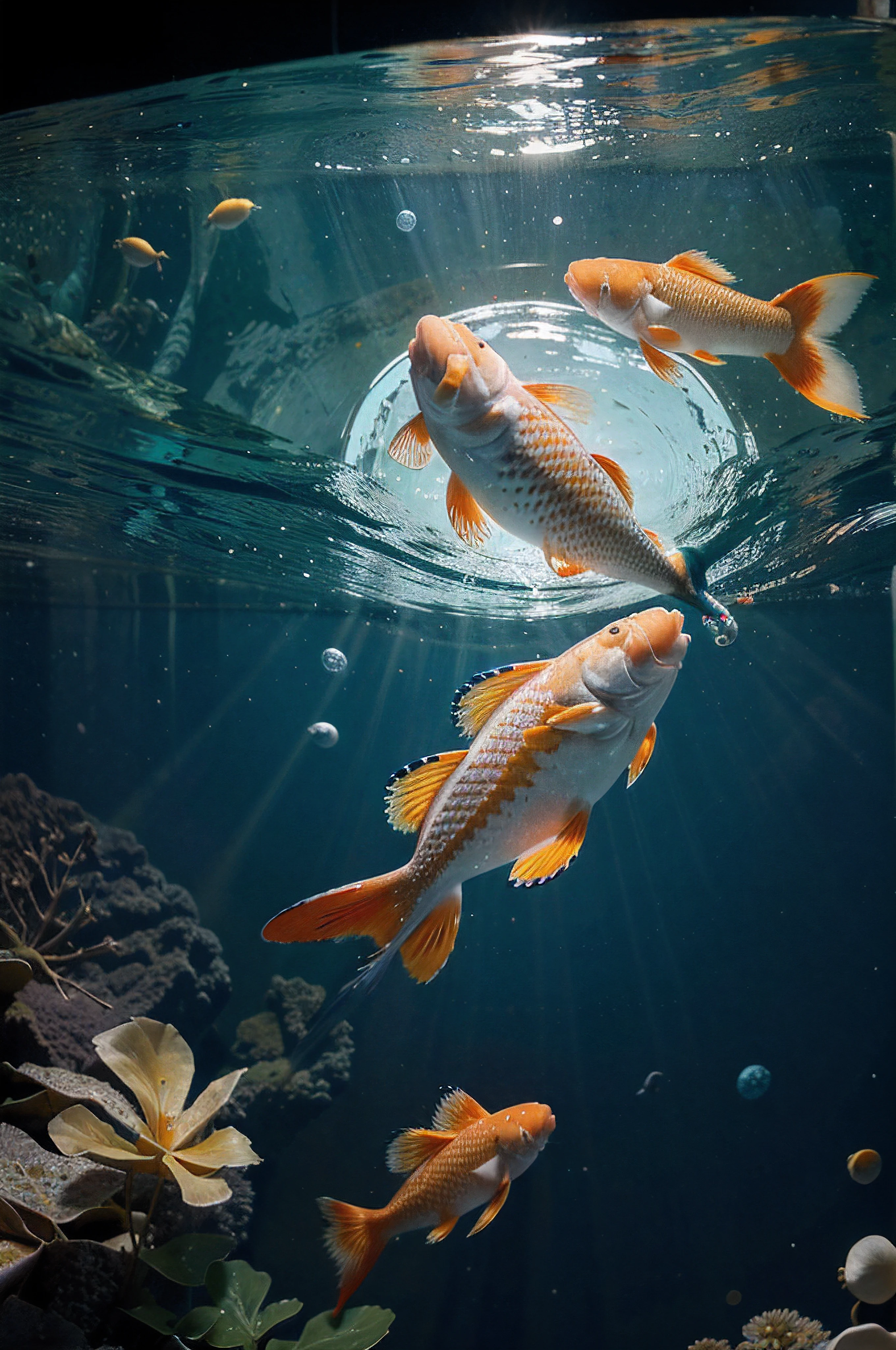 Obra maestra, La mejor calidad, alta calidad, a high definition, Textura de alta calidad, Sombra de alta calidad, High detail, finedetail, CG extremadamente detallado, Textura detallada,, De color , delicado, cinematiclight, Luz lateral, Two fish swim in circles in bubbles and clouds, Pez koi flotando en el espacio, El pescado, Piscis, Peces nadando, Pez dorado en el exoesqueleto de agua, Peces koi, Pez koi flotante, Peces koi, Peces nadando, peces nadando alrededor, Ves peces, Koi, Colores Koi, Hermosa obra de arte digital, Las estrellas son peces en las profundidades,Carpa en el cielo estrellado,Koi,El detalle,Un detallado