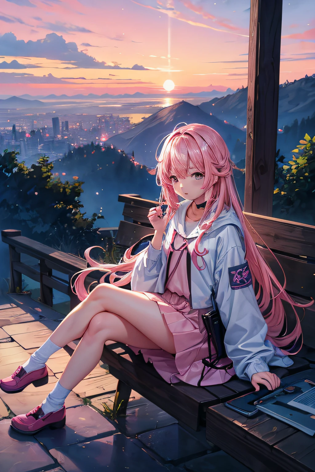 octans, Pink sky,, landscapes, 1girl in, 独奏, plein air, built, ​​clouds, milkyway, sitting on, The tree, length hair, 城市, silhuette, Cityscape