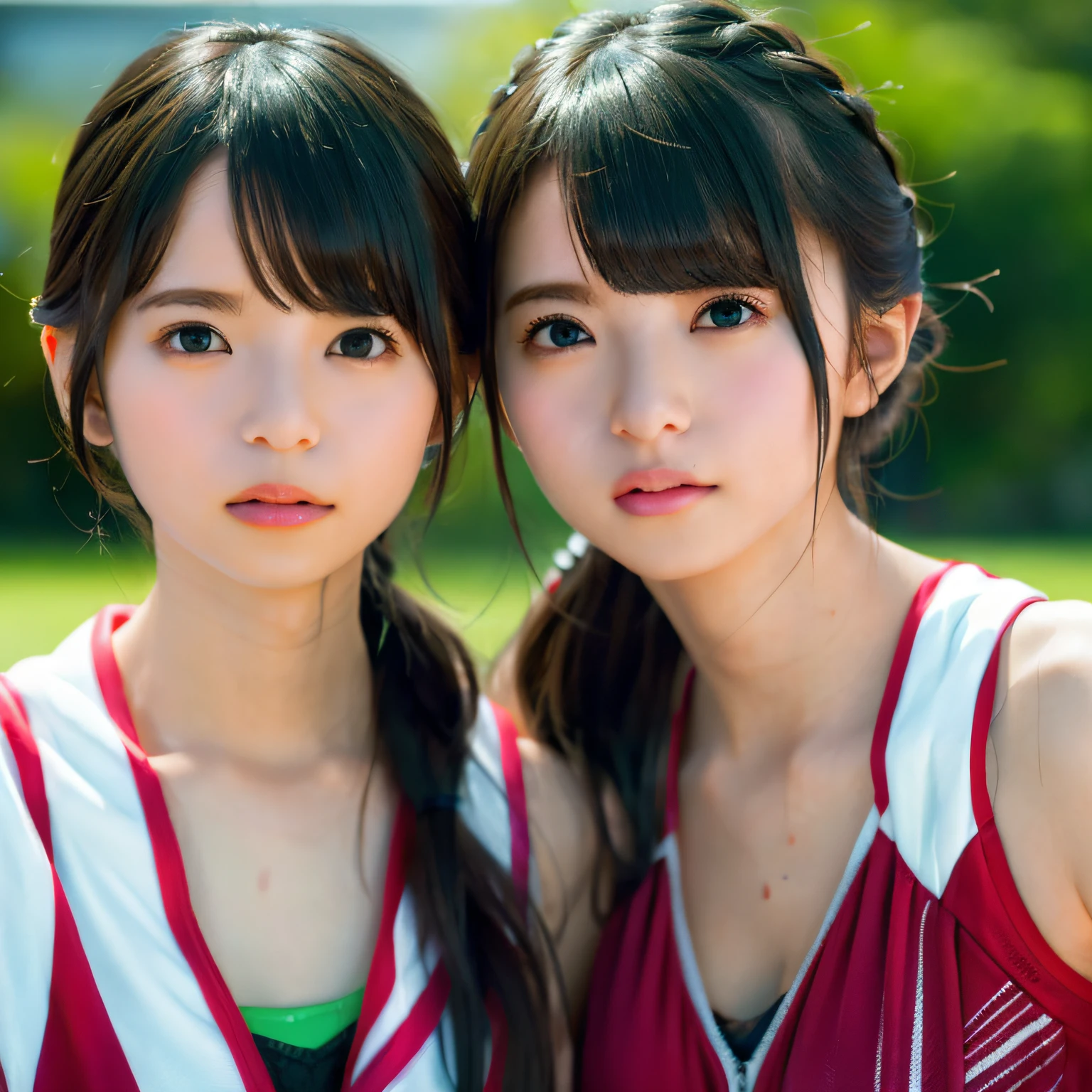 2 girls in、Beautiful mature college girl、Track attire、Outside Track Field、((Slimed、小柄))、Photorealsitic、a picture、masterpiece、reallistic、真实感、photorealisim、High contrast、Artstation 8K HD Trending Photorealistic Digital Art HD High Definition Detailed Realistic、detaileds, Skin Texture, ultra-detailliert, realistic skin textures, armature, top-quality, 超A high resolution, (Photorealsitic:1.4),, hight resolution, detaileds, Raw photo, Sharp Re, Lee-Jeffries Nikon D850 Film Stock Photo 4 Kodak Portra 400 Camera F1.6 lenses Rich colors Hyper Realistic Vibrant textures Dramatic lighting Unreal Engine Trendy at ArtStation Cinestir 800,full body Esbian、Smaller chest、