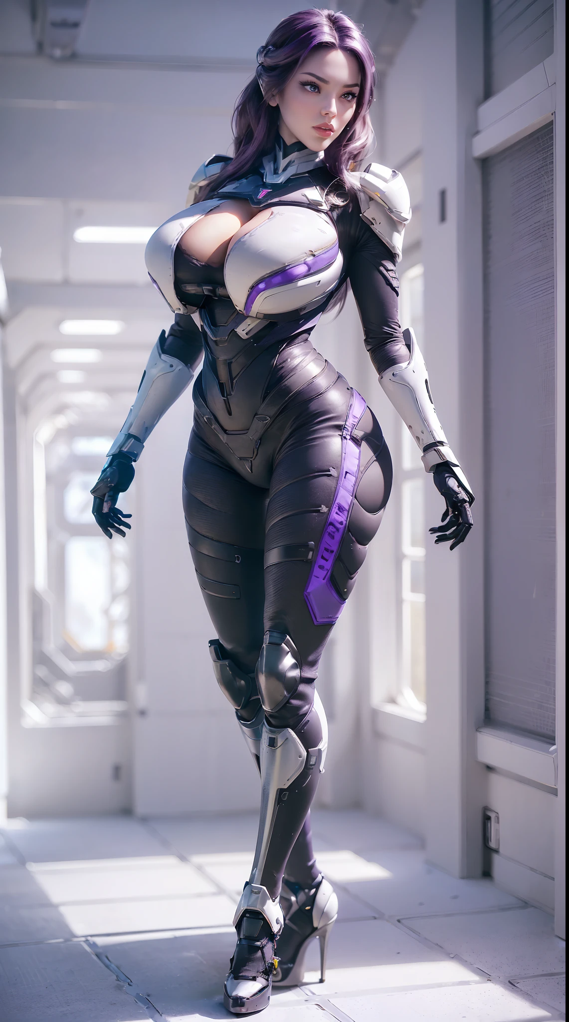 (Devouring the Starry Sky - Janet), (1GIRL,SOLO:2), (super detailed face), ((BIG BUTTOCKS, HUGE FAKE BREASTS:1.5)), (CLEAVAGE TOP:1.5), (11 LINE ABS FEMALE:1.4), (MECHA GUARD ARM:1.4), ((WEAR PURPLE WHITE OVERWATCH MECHANICAL ARMOR CROP TOP, BLACK MECHANICAL SKINTIGHT SUIT PANTS, MECHA GUARD ARMOR LEGS, HIGH HEELS:1.5)), (LEWD VOLUPTUOUS BODY:1.3), (GLOWING SKIN:0.8), (LONG LEGS, FULL BODY:1.1), (LOOKING AT VIEWER:1.3), (female focus:0.886), (WALKING DOWN HALLWAY OF FUTURISTIC SPACE STATION:1), (BRIGHT LIGHT WHITE_ROOM:1.3), SUPER TEXTURE, UNREAL ENGINE RENDER, PHYSICALLY-BASED RENDERING, ULTRA HIGHT DEFINITION, 16K, 1080P.