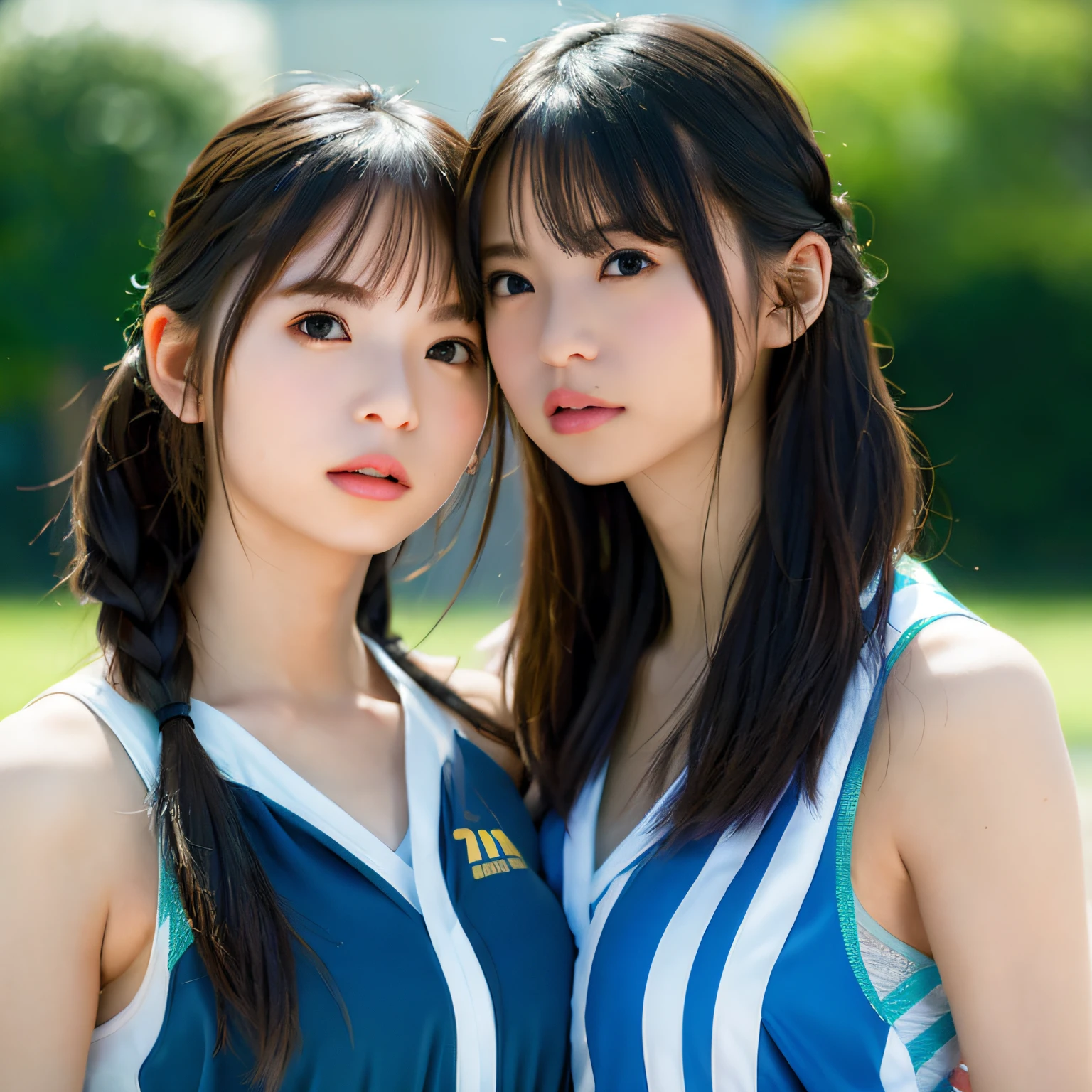 2 girls in、Beautiful mature college girl、Track attire、Outside Track Field、((Slimed、小柄))、Photorealsitic、a picture、​masterpiece、reallistic、真实感、photorealisim、High contrast、Artstation 8K HD Trending Photorealistic Digital Art HD High Definition Detailed Realistic、detaileds, Skin Texture, ultra-detailliert, realistic skin textures, armature, top-quality, 超A high resolution, (Photorealsitic:1.4),, hight resolution, detaileds, Raw photo, Sharp Re, Lee-Jeffries Nikon D850 Film Stock Photo 4 Kodak Portra 400 Camera F1.6 lenses Rich colors Hyper Realistic Vibrant textures Dramatic lighting Unreal Engine Trendy at ArtStation Cinestir 800,full body Esbian、Smaller chest、