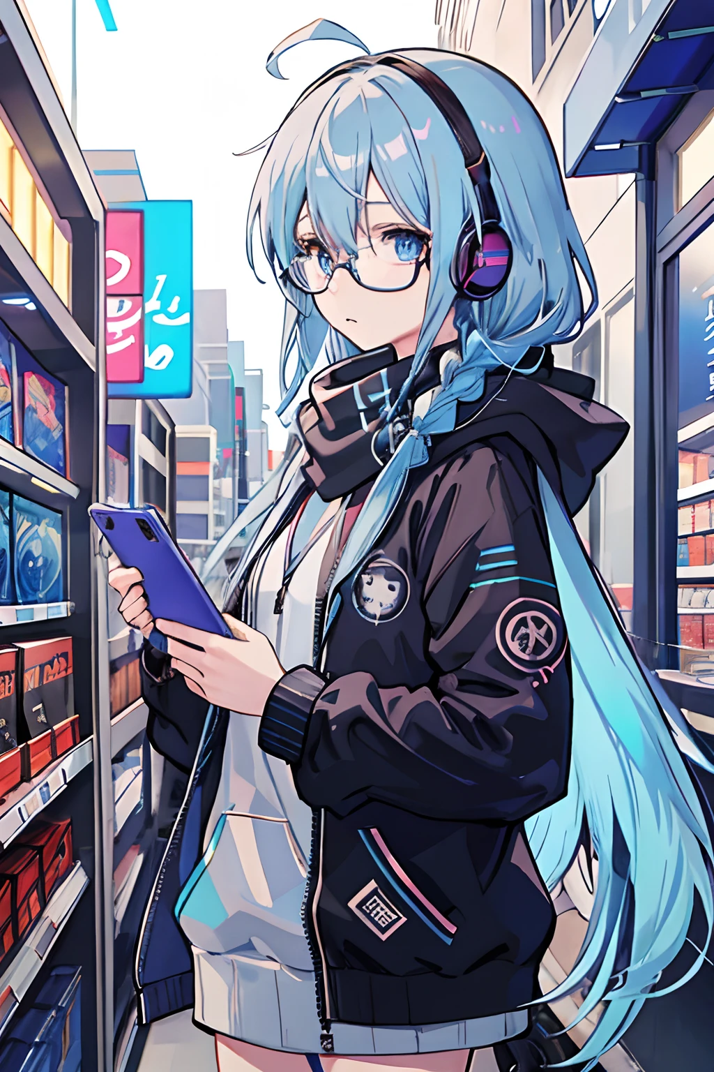 anime girl, blue hair, braids, headphones, blue eyes, glowing eyes, music notes, scarf, gray hoodie, store, holding phone, headphone wire, glasses, looking to the side, buying something, convenient store