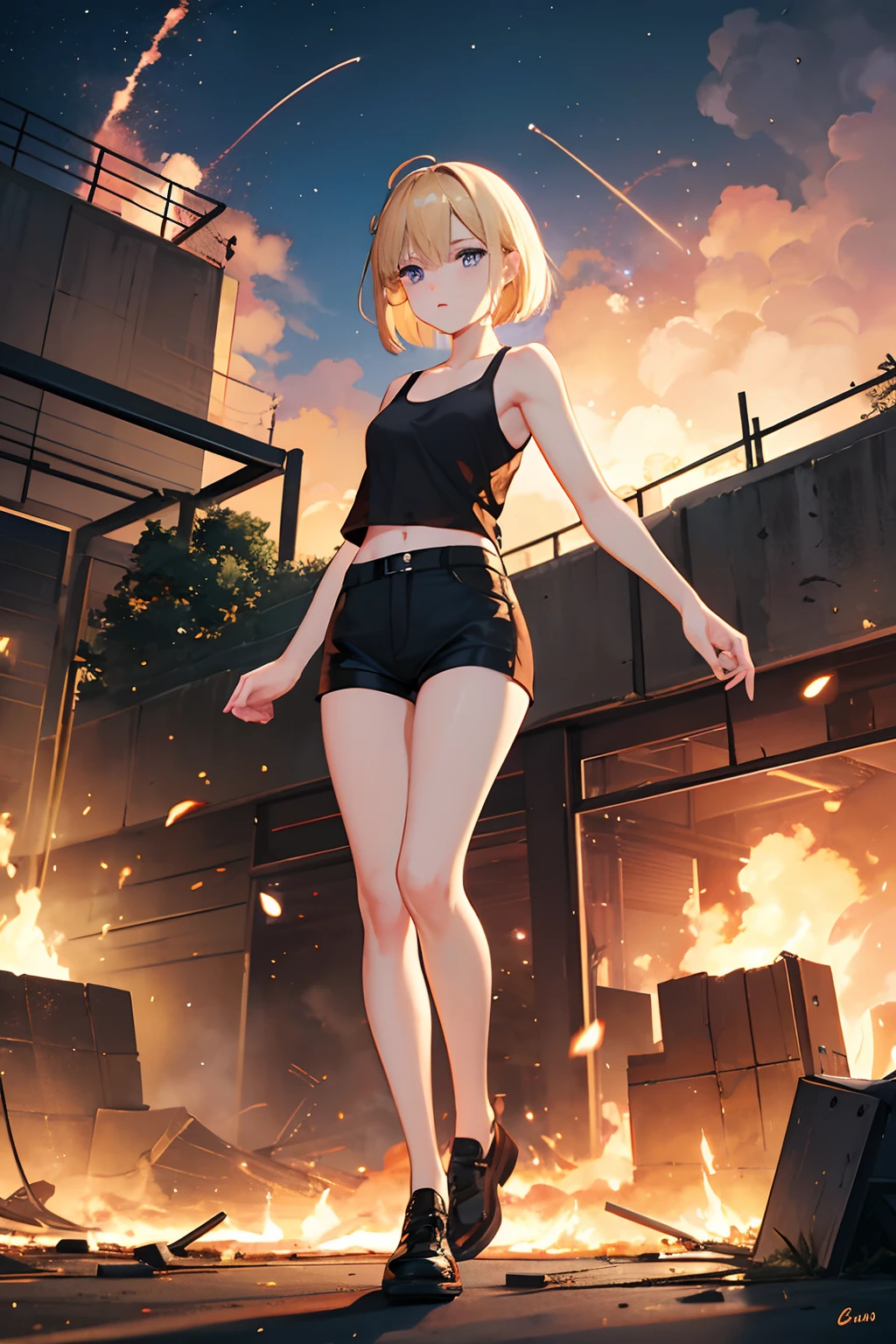 during night、Explosions and flames at an airbase、fence、Exploding buildings、cute blonde girl、cute  face、elegant sleek smooth body、full body Esbian、Short bob hair、a blond、blue eyes、Black tank top、sexy black shorts、Wearing black shorts