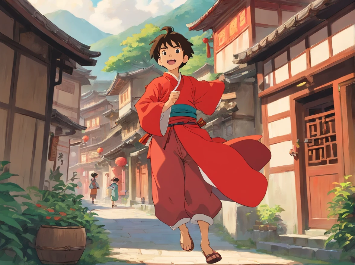 Vistas: Zhuang villages,There are buildings celebrating the festival and people beating copper drums(The picture shows a 15-year-old boy wearing a red Zhuang costume,He looked at the cheerful atmosphere in the village)