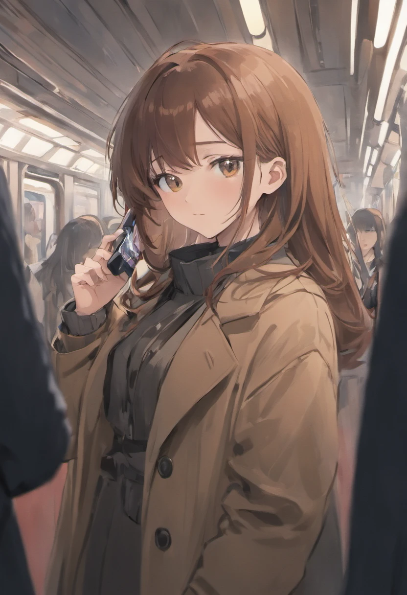 A beautiful female white-collar worker wearing an overcoat with long brown hair and headphones watching the news on the subway