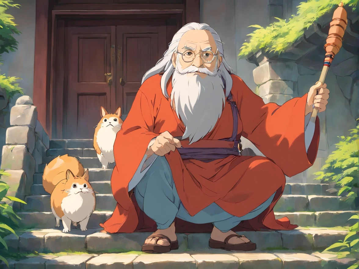 Long hair,Grandpa in period costume,Play drums with a stick,Scare away monsters,Behind the old man on the steps were scared people,Under the steps are youkai,Inside the temple