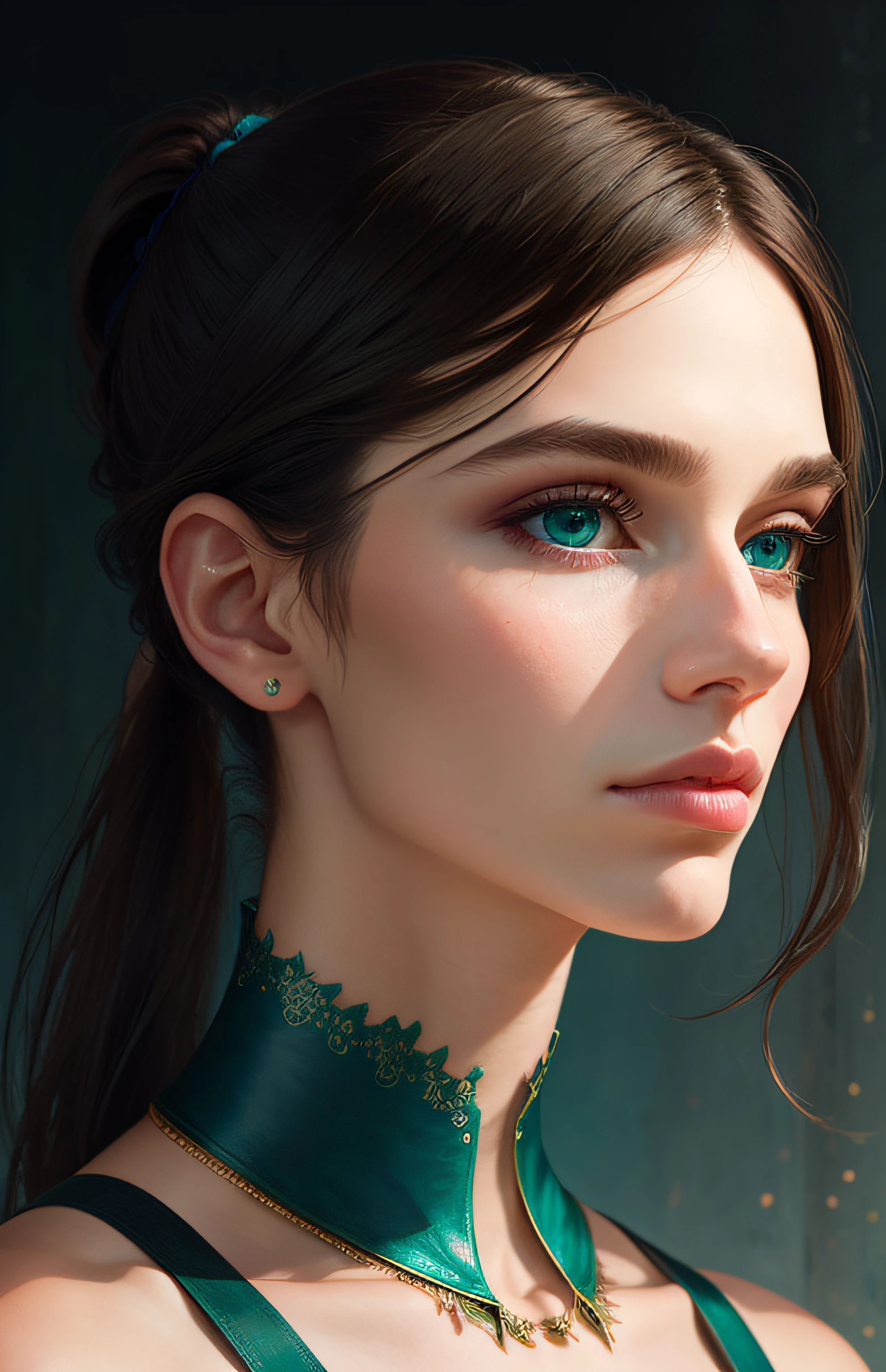 Protrait, photograph, androgynous hunnuman, oval jaw, delicate features, beautiful face, hair, long bangs, long ponytail, bright blue-green eyes, lds art