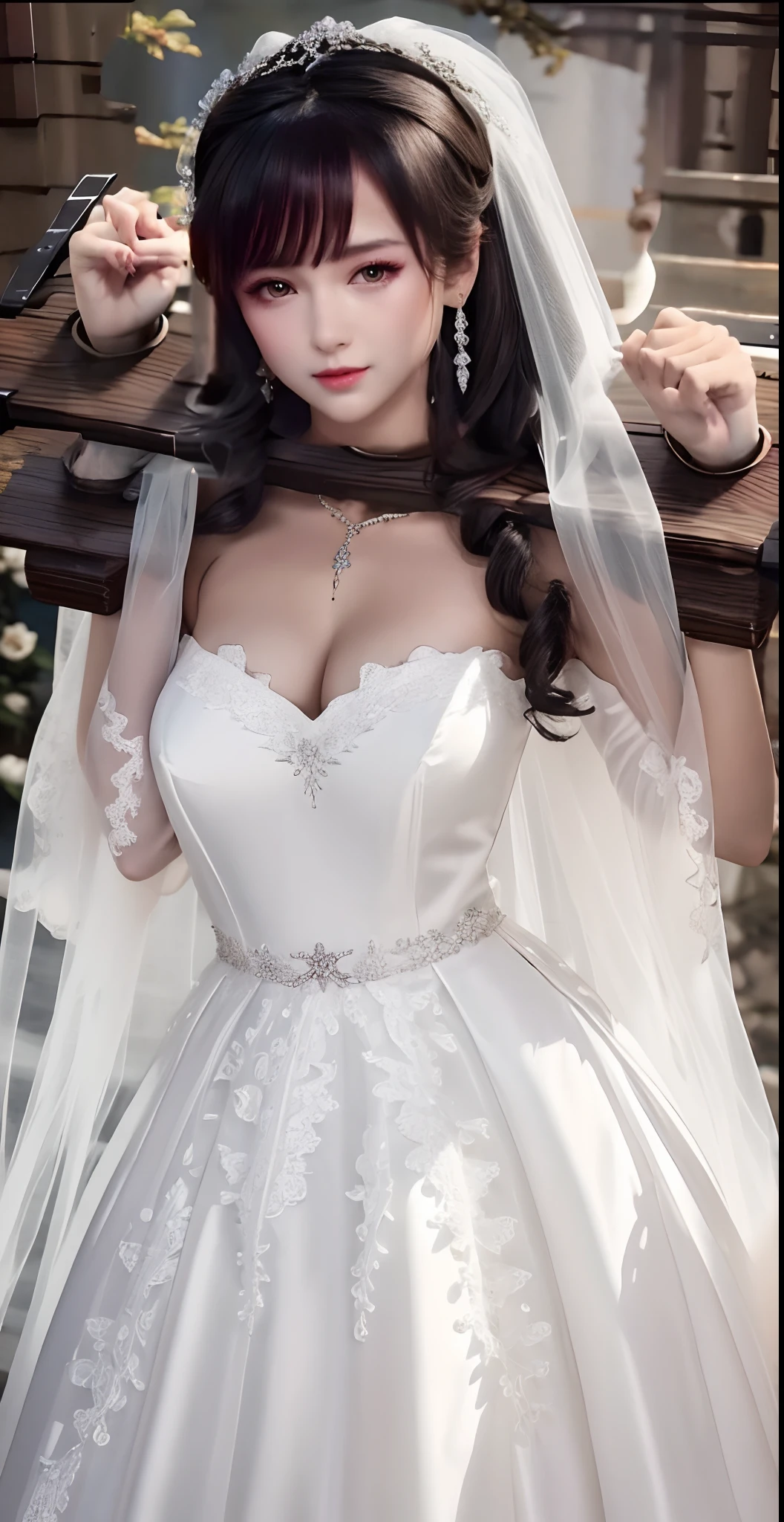 Close-up of a beautiful bride in a beautiful wedding dress, Gurvetz,（ pillory：1.5）, Flail on the head, Flail on the hands, Flail,(Bridal veil: 1.5), (Short transparent veil: 1.5), Flushed face, Head flower, head gear, (Tubular wedding dress: 1.5), (Silk dress: 1.2 ), (Strapless wedding dress: 1.5), Pure white dress, necklace, Earrings, (Huge breasts: 1.3), Deep V heart collar wedding dress, bangs, lipstick, (Lace gloves: 1.3), Full body photo, High detail RAW color art, a white long skirt, Whole body, with hands behind her back, and floor-length skirts,