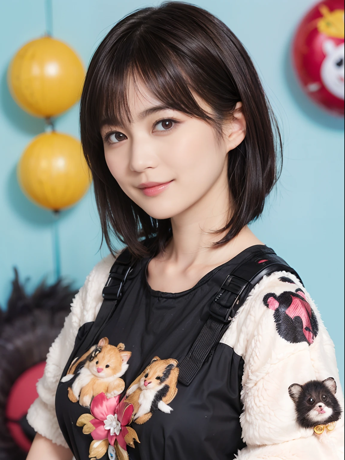 59
(a 20 yo woman,is standing), (A hyper-realistic), (masutepiece), ((A dark-haired、short-hair:1.3)), (Breast), kindly smile, (Clothing printed with animal characters)