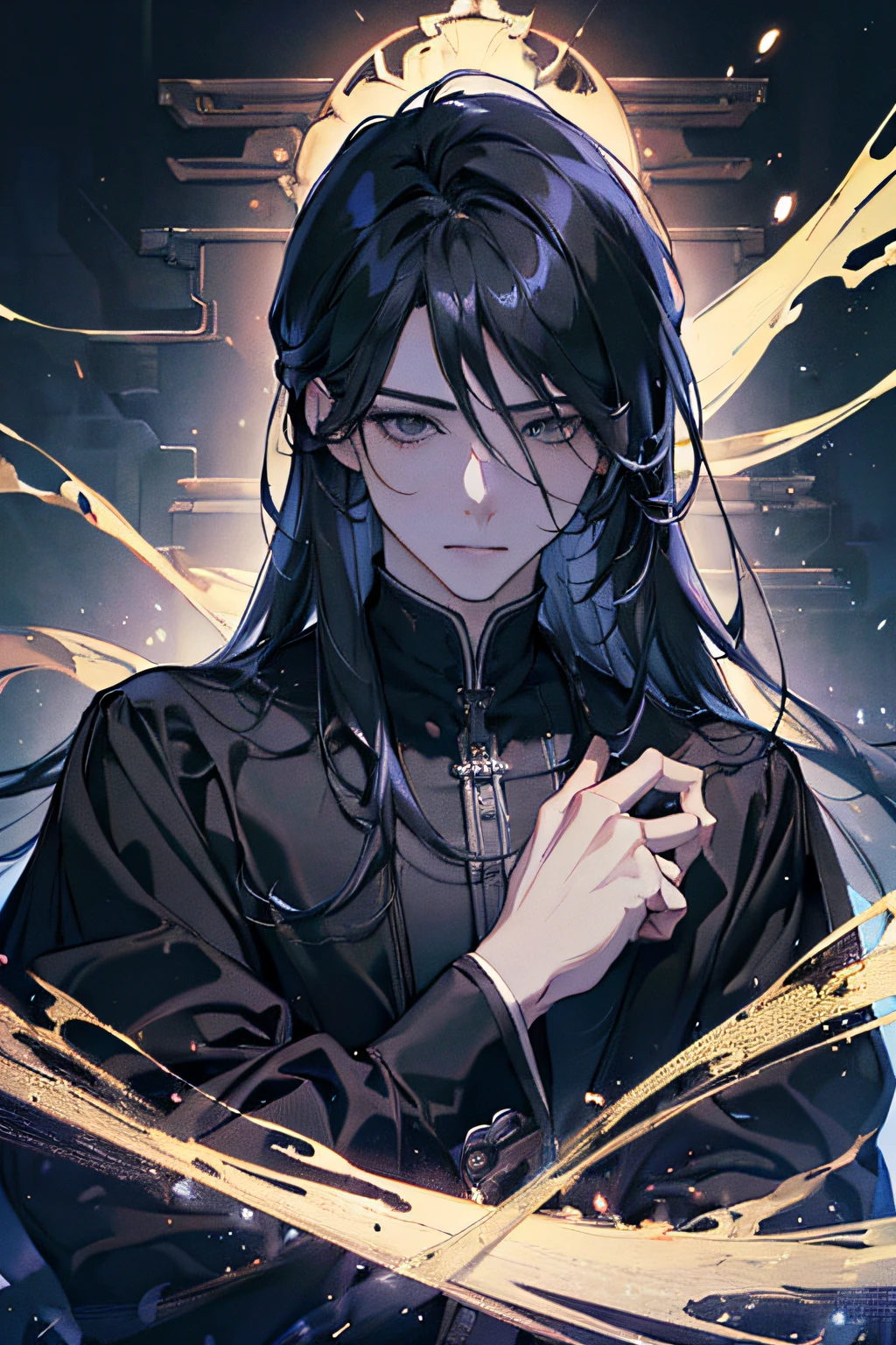 (best quality,4k,8k,highres,masterpiece:1.2),ultra-detailed,(realistic,photorealistic,photo-realistic:1.37),1 male,handsome,adult,adult face, long hair, straight black hair covering one eye,blueish-grey eyes, condescending ,black magic,fantasy,black mage robes,close up