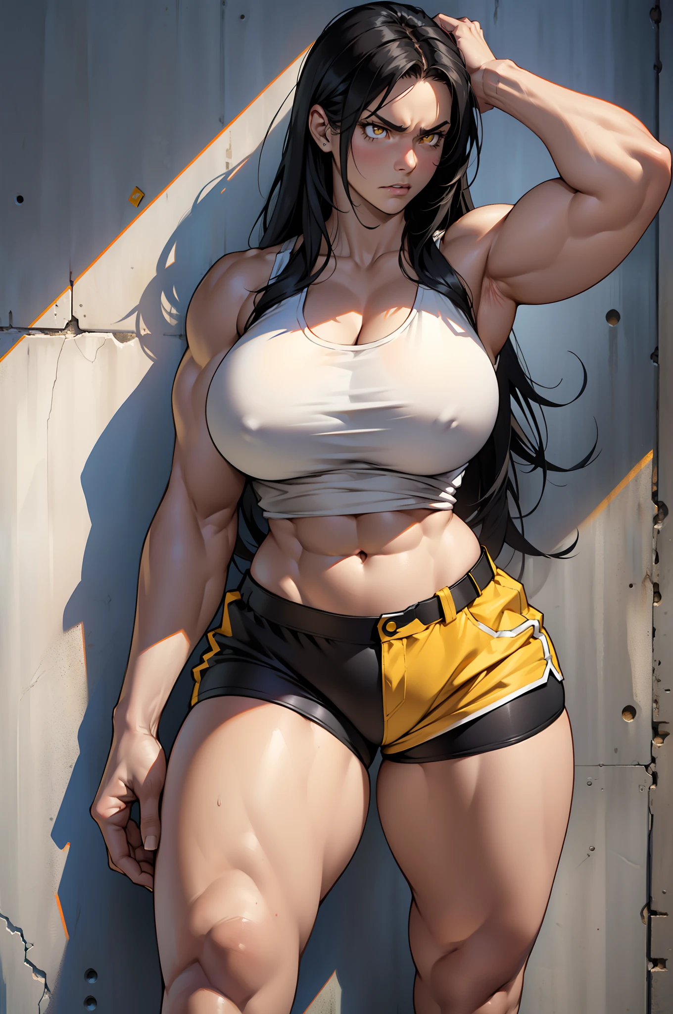 solo, ((1 girl)), very long hair, black hair, angry, yellow eyes, ((((muscular)))), ((huge tits)), ((thick thighs)), ((wide hips)), (cowboy shot), pale skin, tank top, bike shorts, standing, toned body, against wall