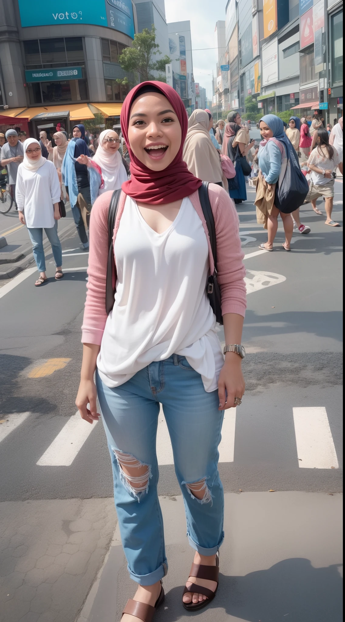 Malay girl standing in middle of the street laughing, rise her right hand, saying hi, happy pose, shibuya crossing, crowded street, morning, sunrise, wearing hijab, pastel color hijab, white tight tank top, red leather jackets, short white jeans, small tits, small breast, flat chest, small waist, wide hips, thick thighs, bright lighting, white lighting, high quality, ultra detail image, 4k,