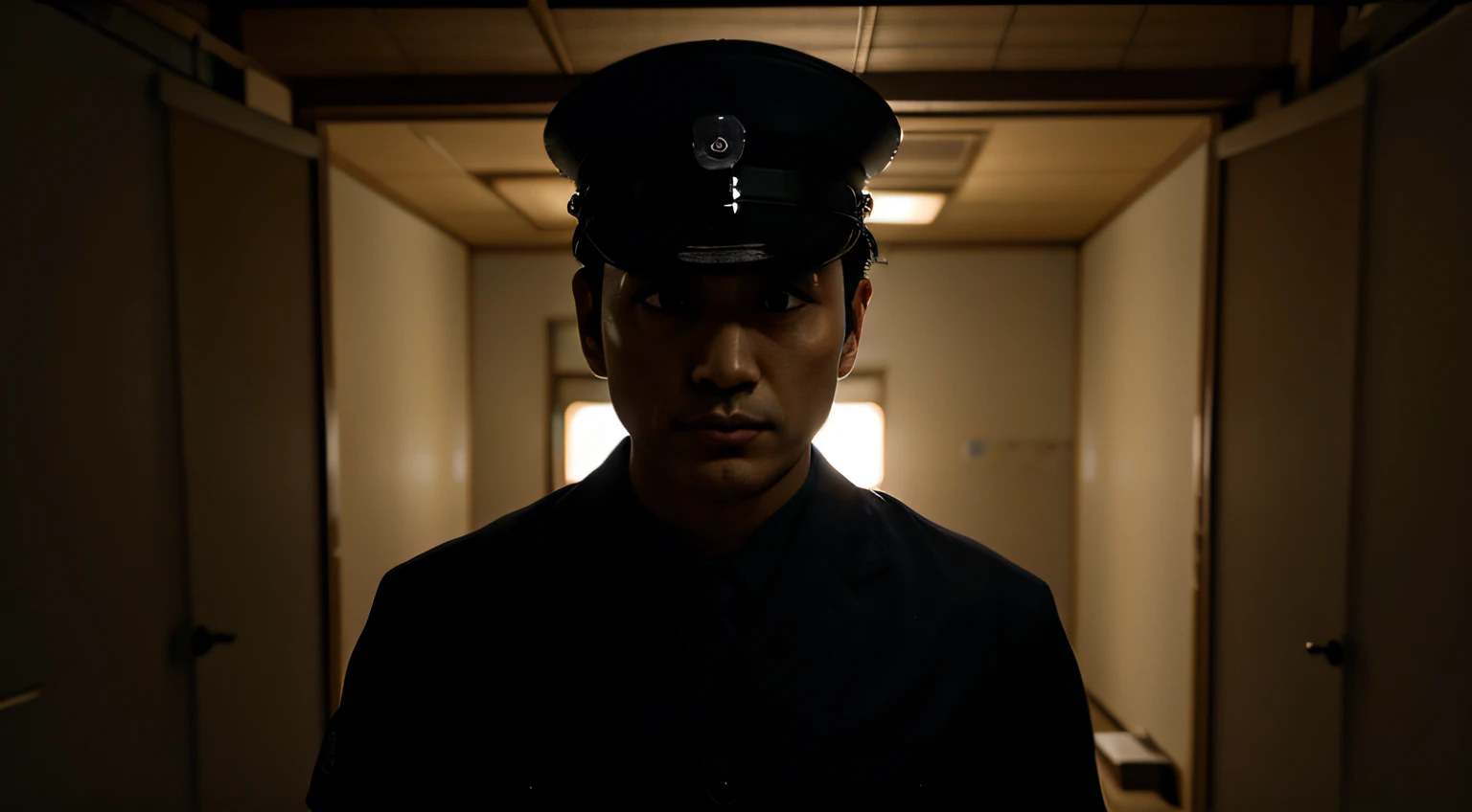 JAPANESE POLICEMAN IN A DARK PLACE, assustador, realista, CREEPY JANONESE